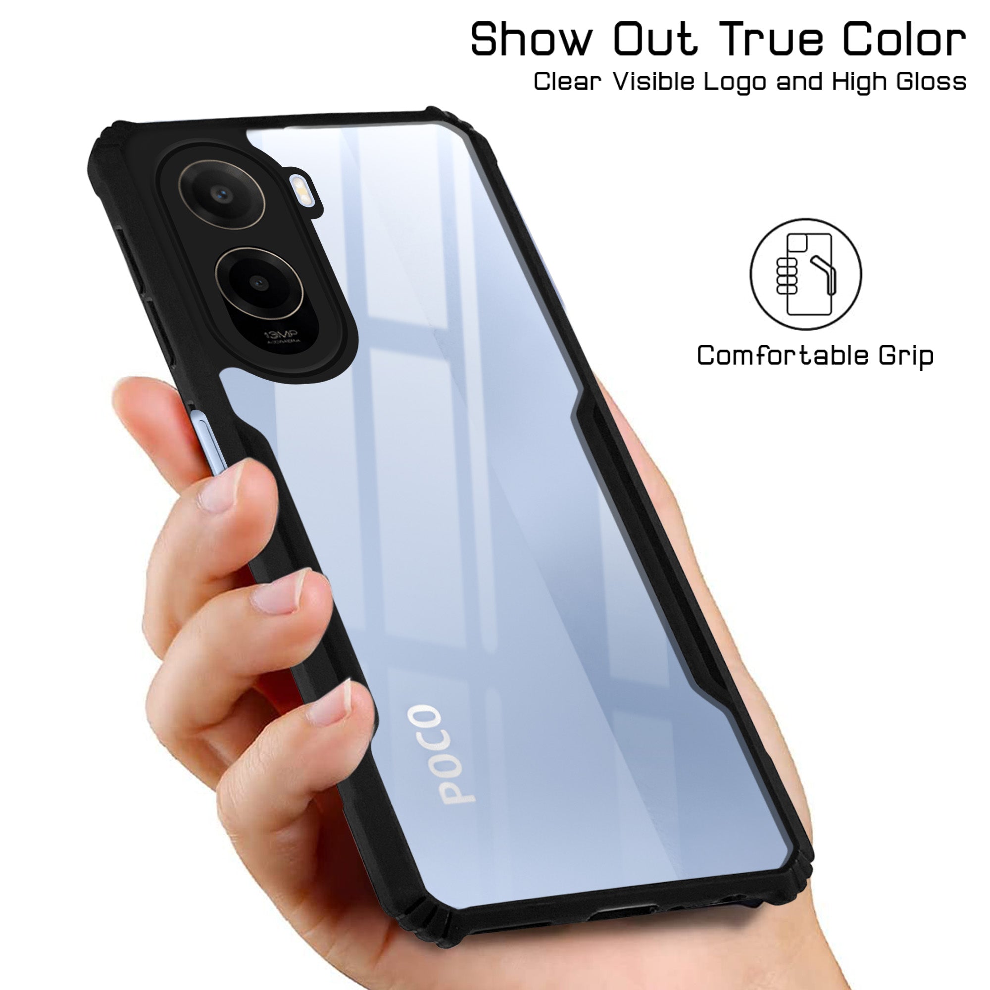 For Poco C81 5G Back Cover Case Hybrid (Shockproof with Polycarbonate Clear Panel | Professional Black) (Copy)