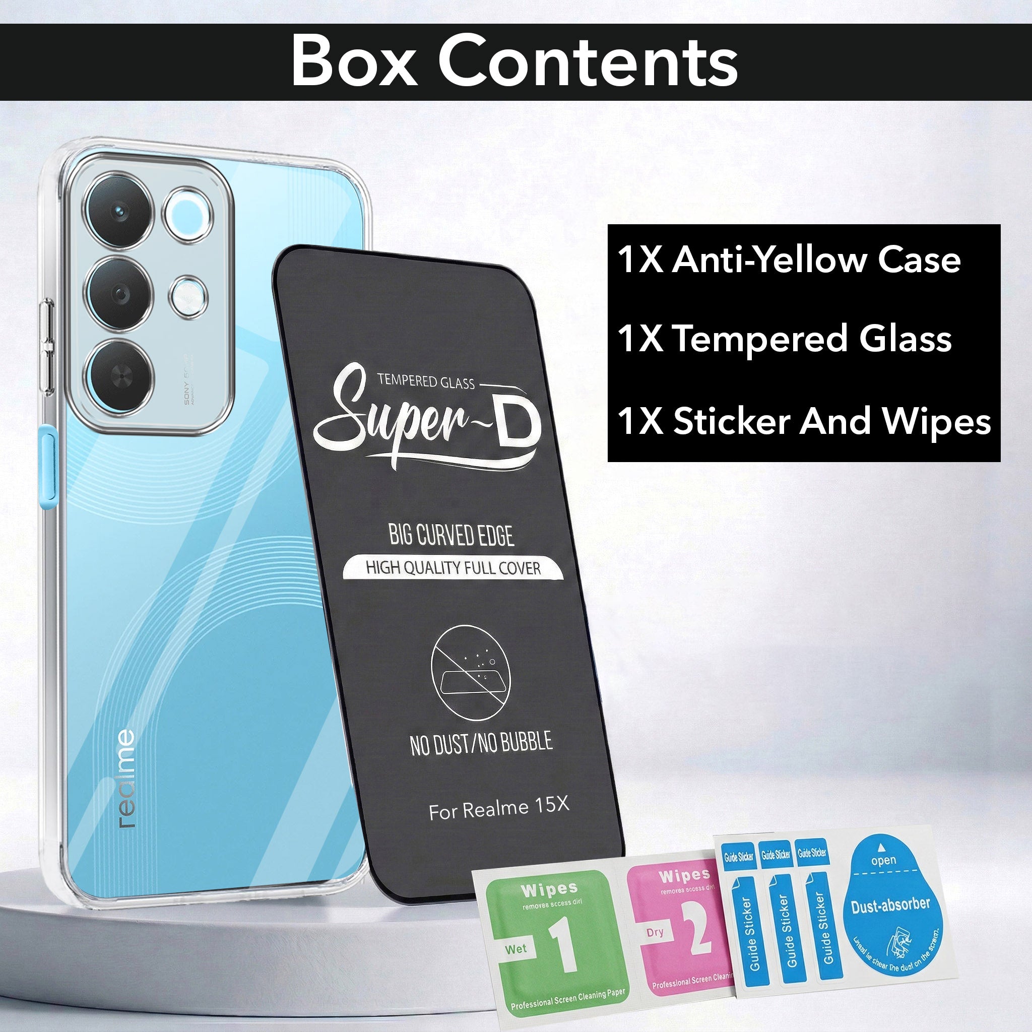 For Realme 15X Combo with Back Cover and 9H Tempered Glass (Lifetime Anti-Yellow | Sleek Hard Crystal | Oleophobic Coating Screen Glass)