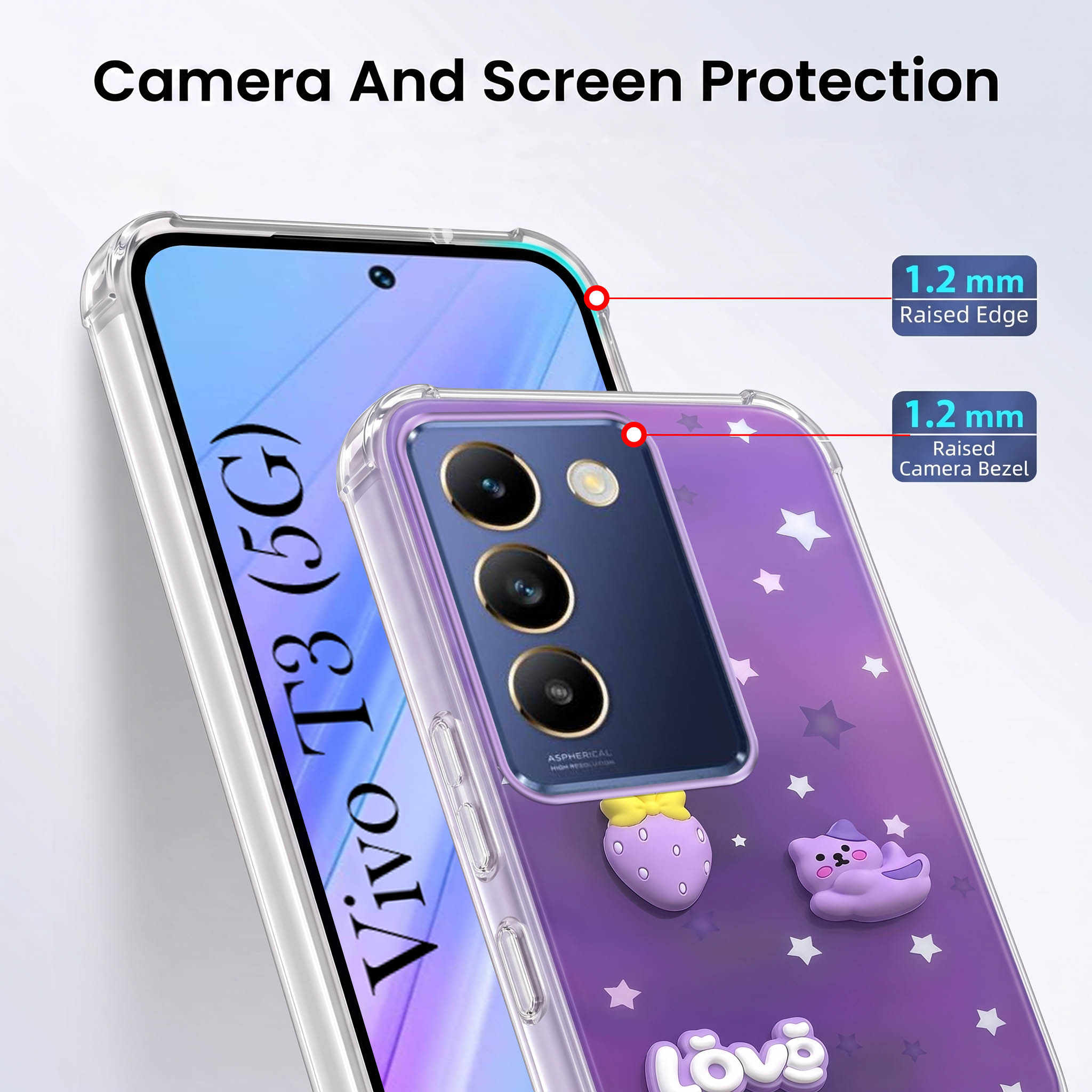 For Vivo T3 5G Back Cover Case (3D Cute Cartoons | Hard Back Side Soft | Matte Premium Finish | HD Printing)