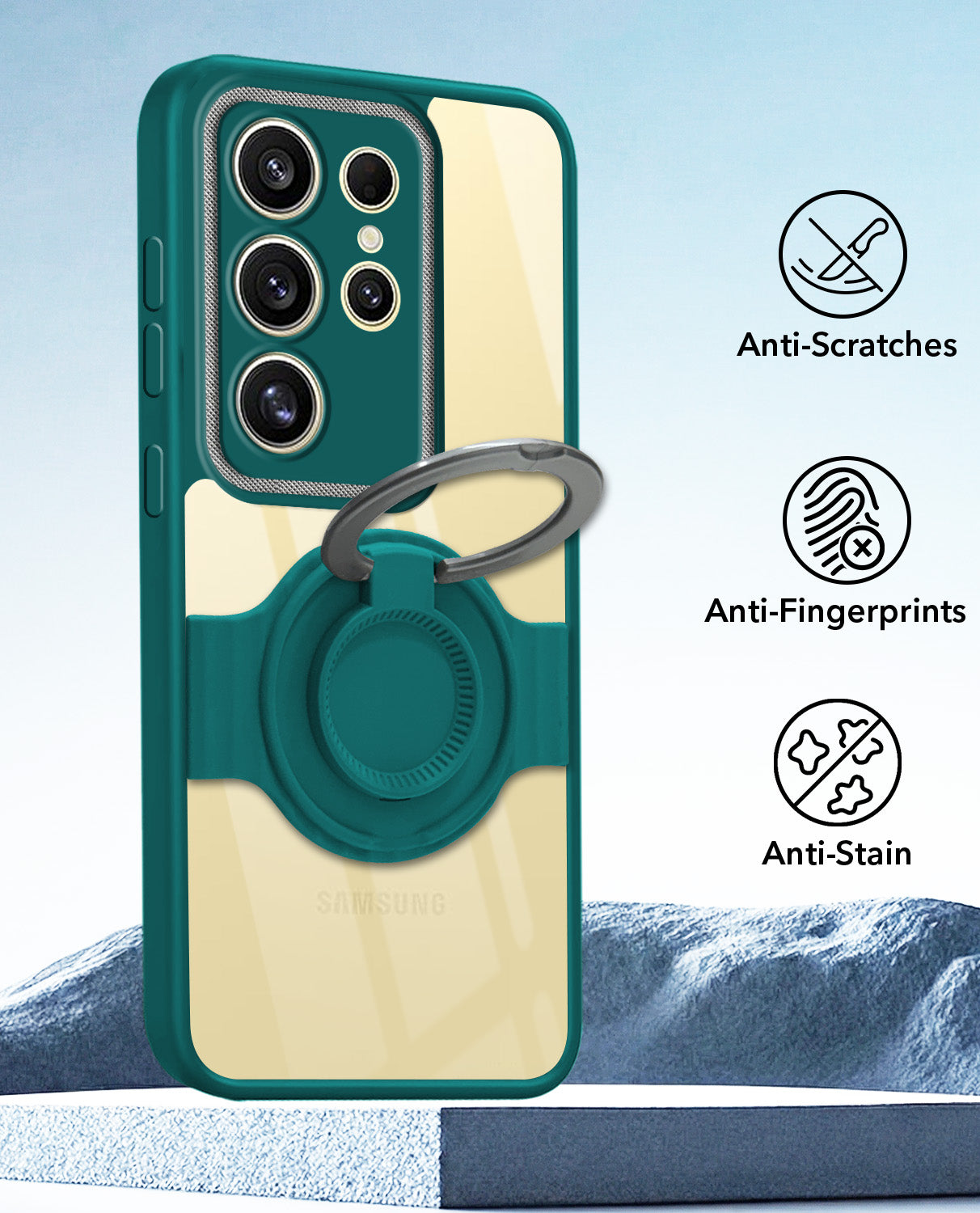 For Samsung Galaxy S24 Ultra Back Cover Case with stand (Built-in Ring Holder Kickstand | Lifetime Anti Yellow | Camera Protection)