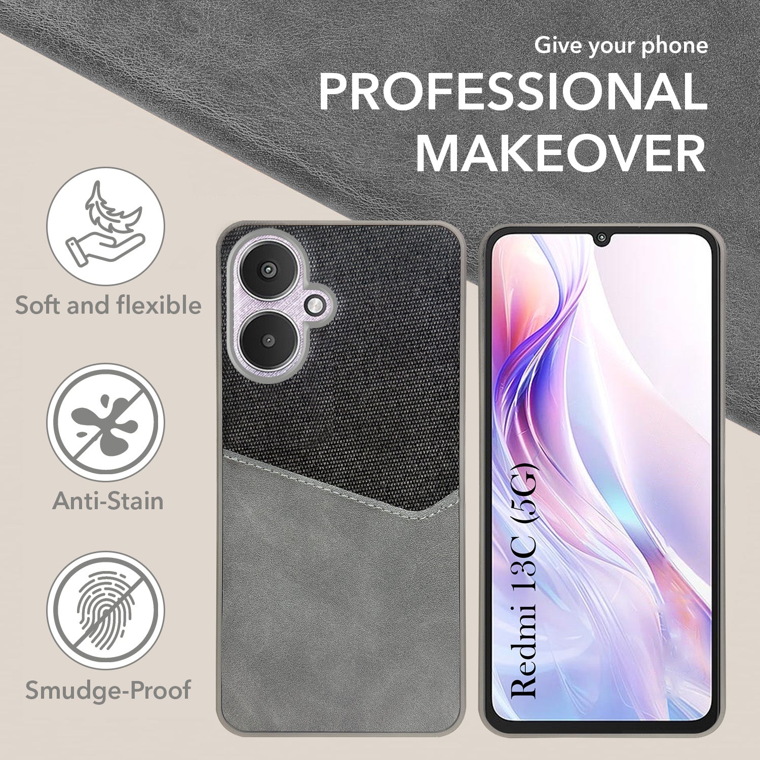 For Redmi 13C 5G Back Cover Case (Dual PU Leather Stitch | Professional Minimalist | Soft and Flexible)