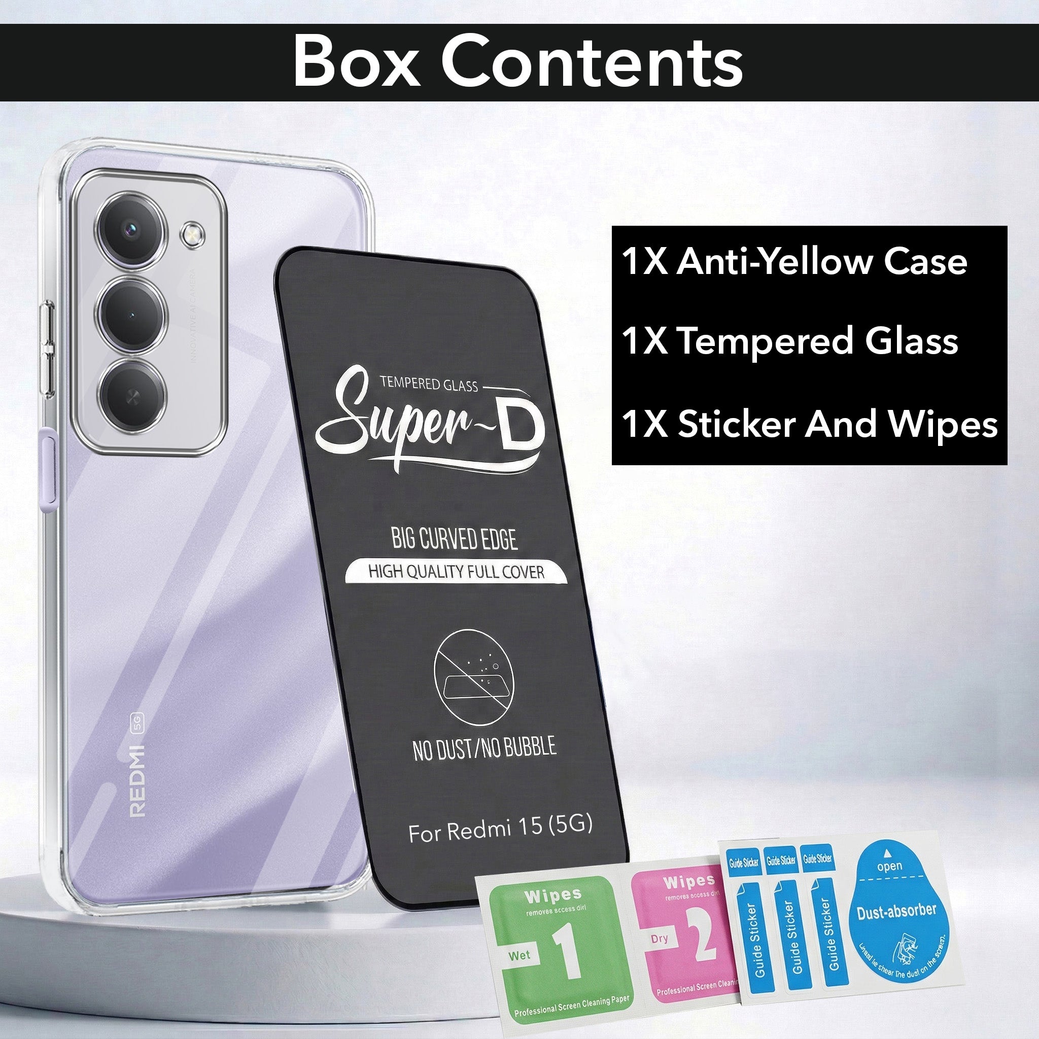 For Redmi 15 Combo with Back Cover and 9H Tempered Glass (Lifetime Anti-Yellow | Sleek Hard Crystal | Oleophobic Coating Screen Glass)