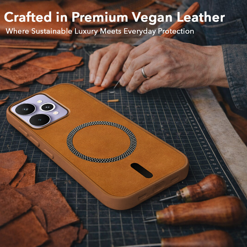 For Realme 15 Pro Back Cover Case Leather Finish (MagSafe Compatible Wireless Charging | Soft Touch | Camera Bump Protection)