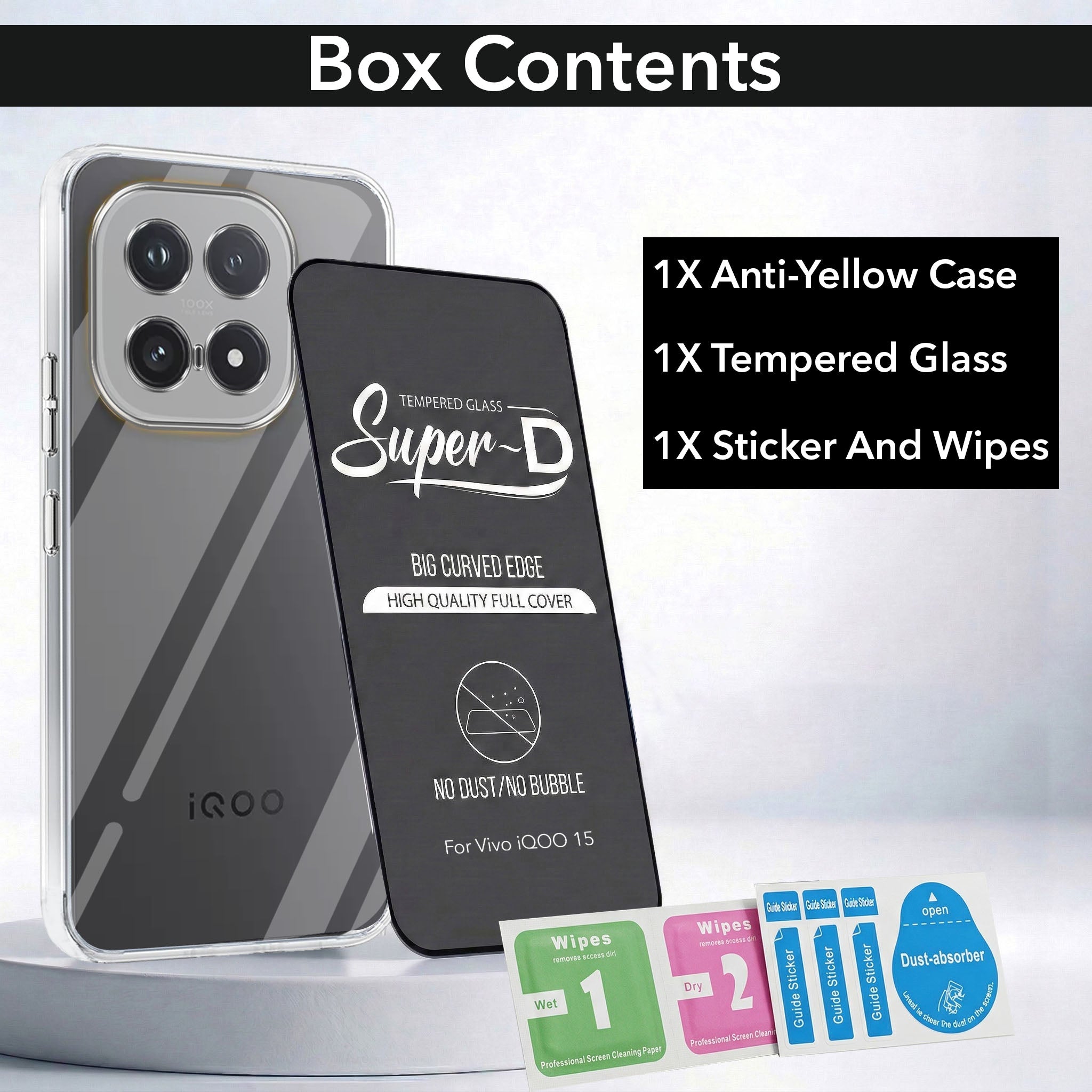 For Vivo iQOO 15 5G Combo with Back Cover and 9H Tempered Glass (Lifetime Anti-Yellow | Sleek Hard Crystal | Oleophobic Coating Screen Glass)