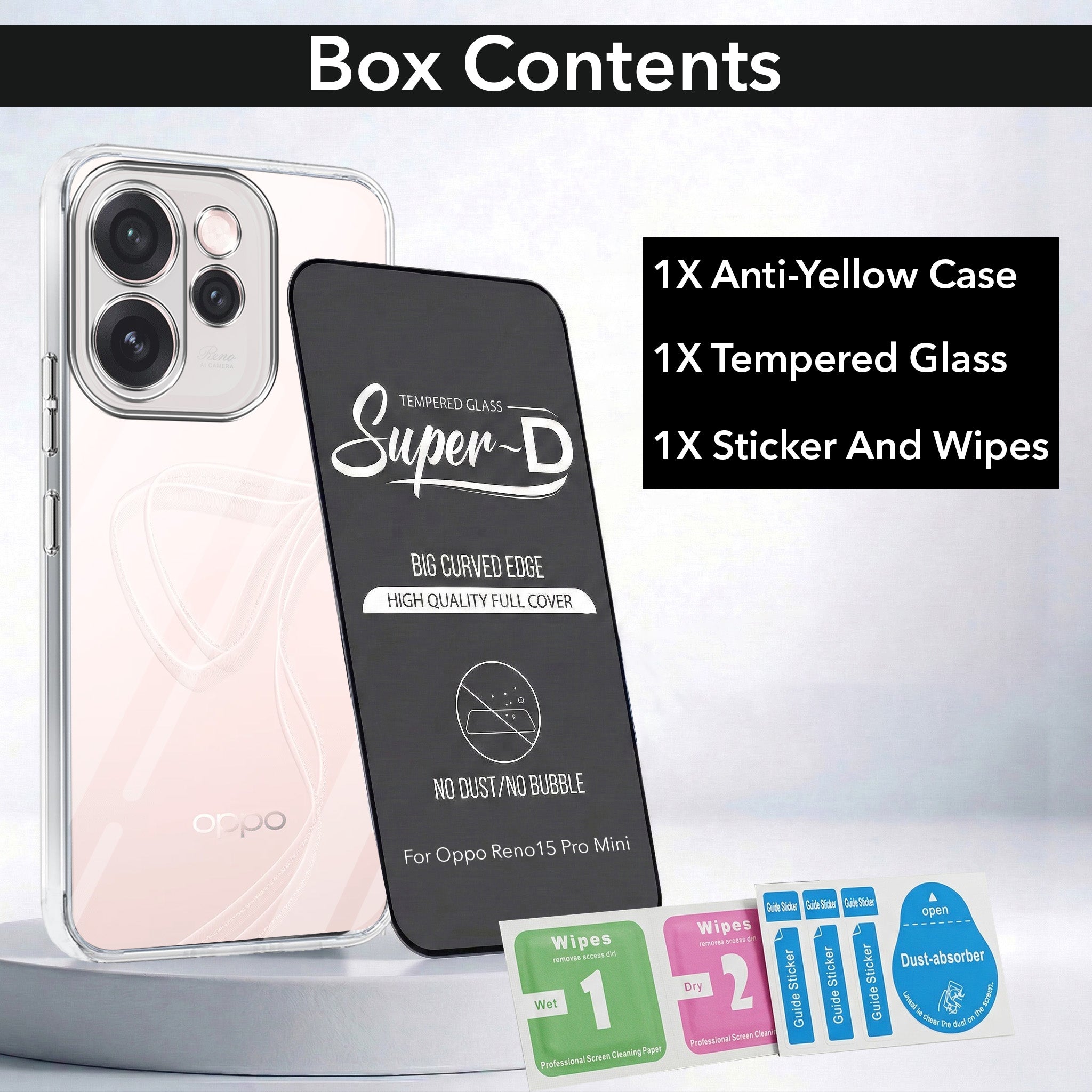 For Oppo Reno15 Pro Mini 5G | Oppo Reno 15 Pro Mini 5G Combo with Back Cover and 9H Tempered Glass (Lifetime Anti-Yellow | Sleek Hard Crystal | Oleophobic Coating Screen Glass)