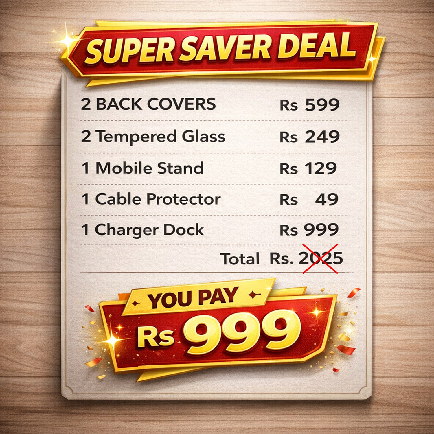 Complete Mobile Care Kit (Get Any 2 Cases+2 Tempered Glass+25W Charger Adapter+Metallic Mobile Stand+Cable Protector)