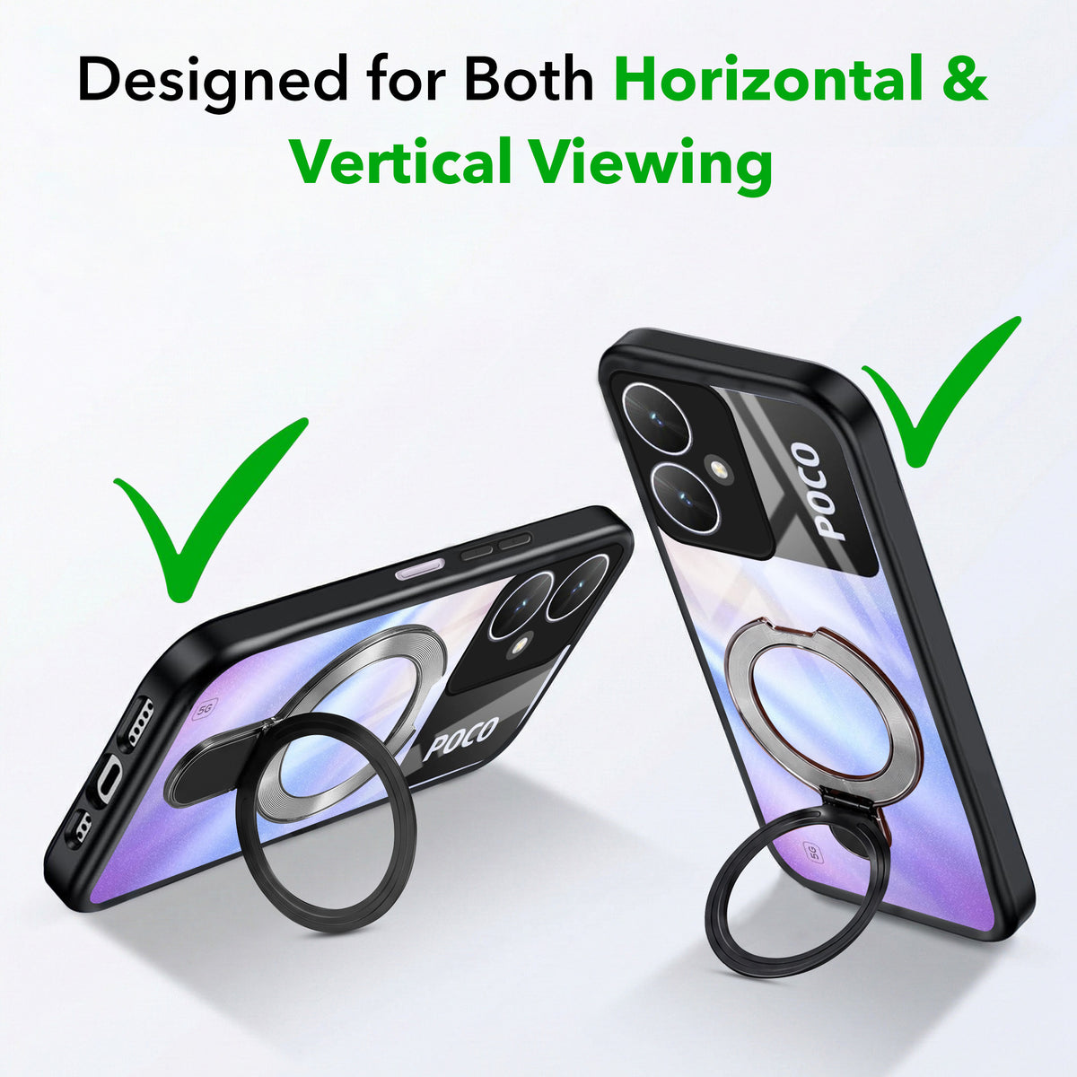 For Poco M6 5G Back Cover Case (Kick Stand Ring Holder | Life time Anti Yellow | Camera Protection)