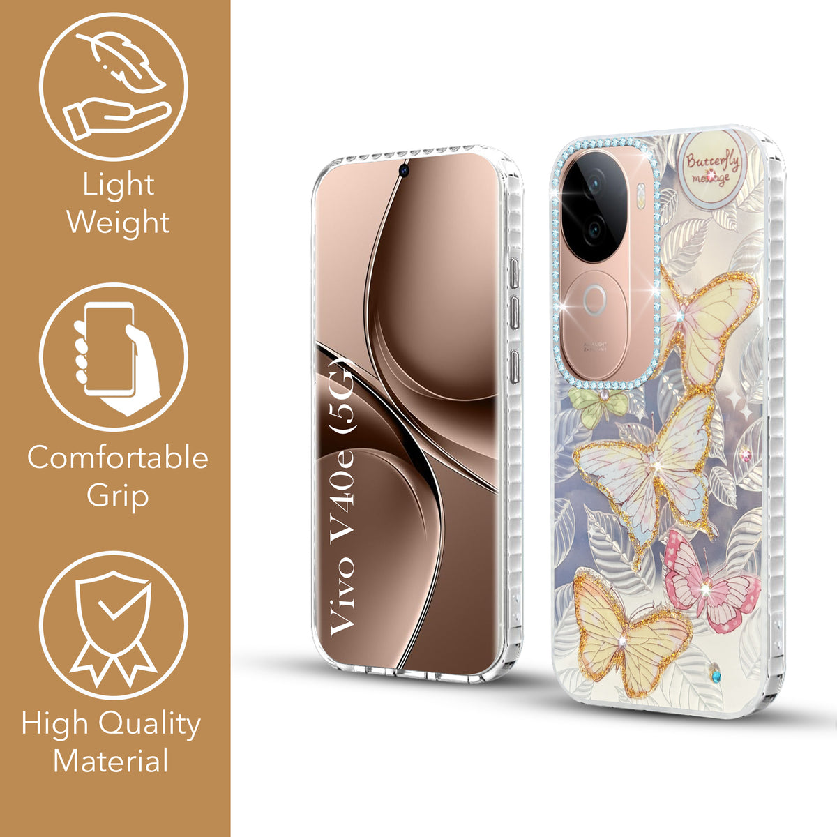 For Vivo V40e Back Cover Case (Luxury Floral Glitter Cute Butterfly | Diamond Studded Camera Bump | Girls & Women Design)