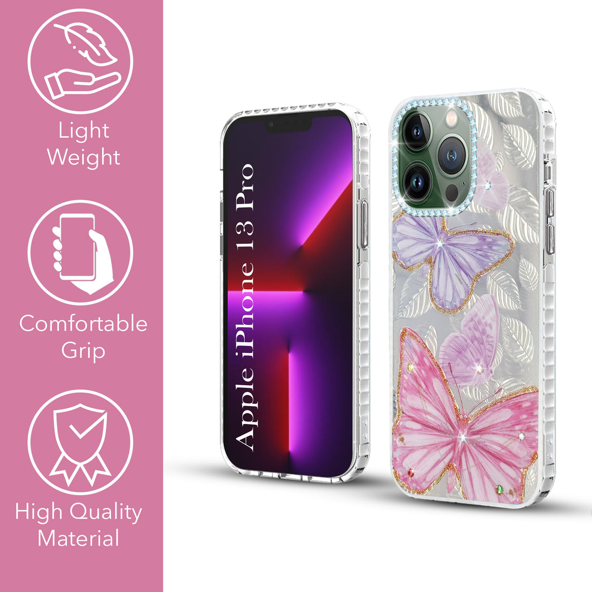 For Apple iPhone 13 Pro Back Cover Case (Luxury Floral Glitter Cute Butterfly | Diamond Studded Camera Bump | Girls & Women Design)