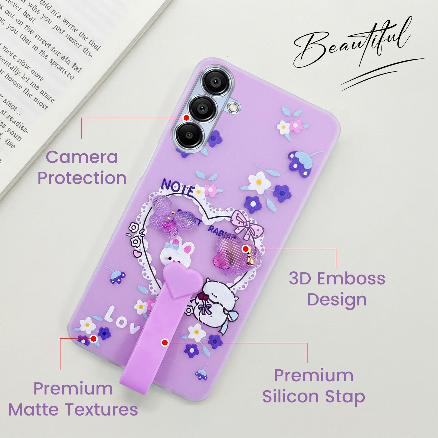 For Samsung Galaxy A15 5G Back Cover Case (3D Cute Heart Strap Holder | Camera Protection | Designer Girls Print)