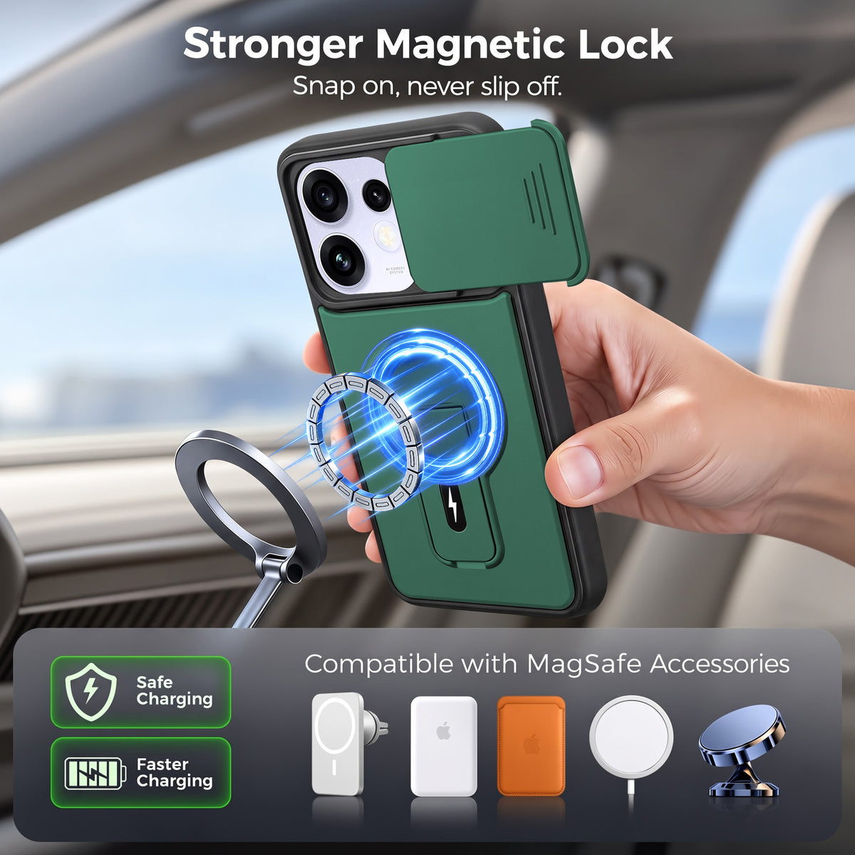 For Oppo Reno 16 Power Back Case Cover Metallic (Hybrid Armor Kickstand | Sliding Shutter Camera Protection | MagSafe Compatible)