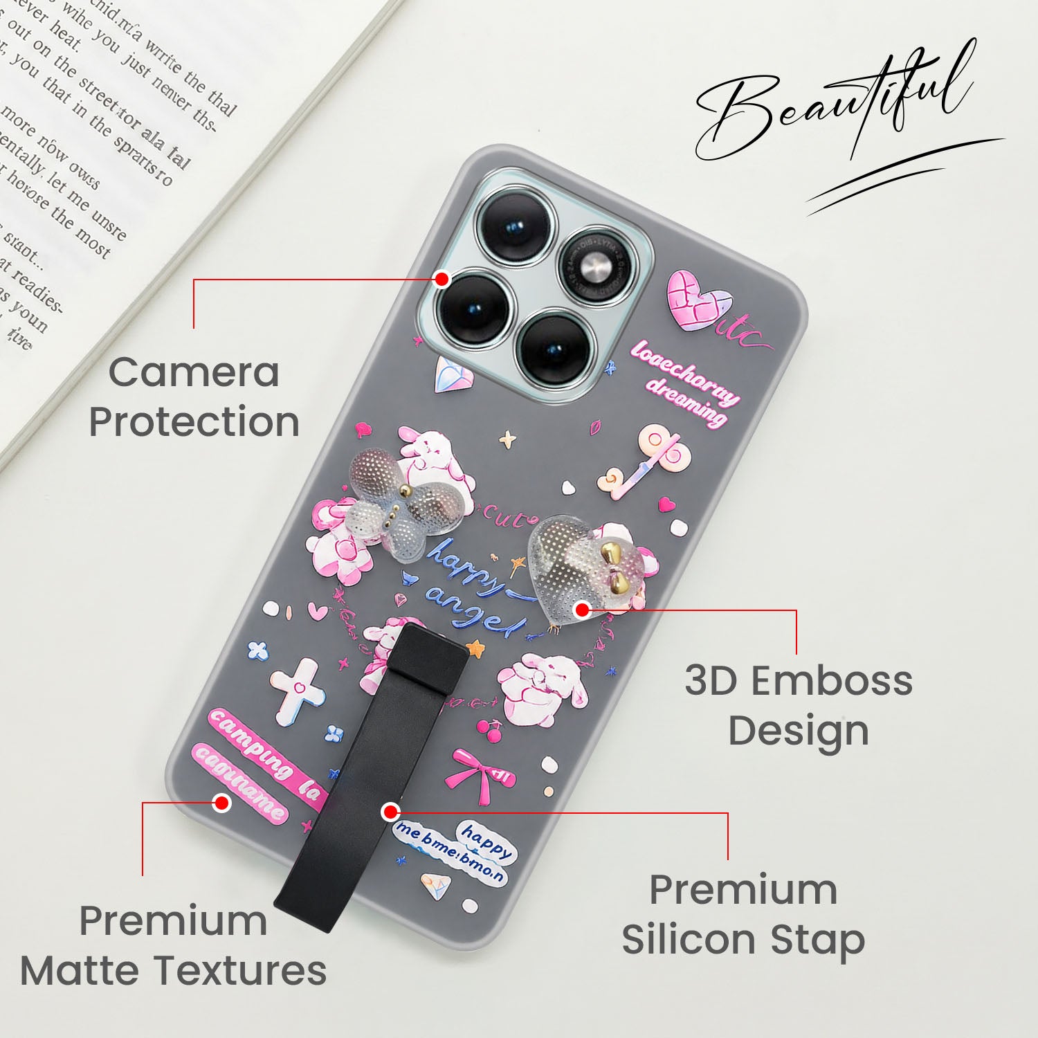For Motorola Moto Edge 70 Fusion Back Cover Case (3D Cute Heart Strap Holder | Camera Protection | Designer Girls Print)