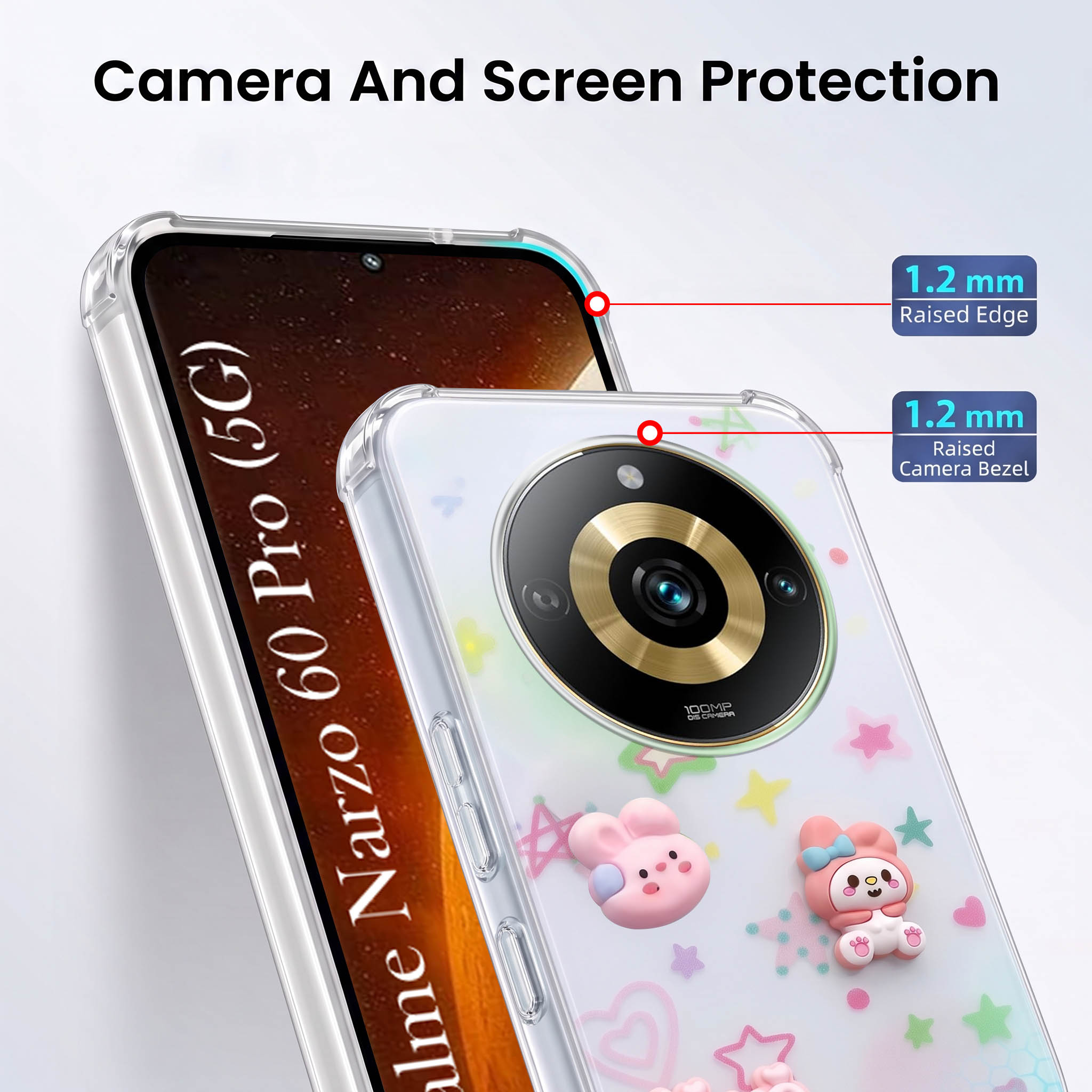 For Realme Narzo 60 Pro Back Cover Case (3D Cute Cartoons | Hard Back Side Soft | Matte Premium Finish | HD Printing)