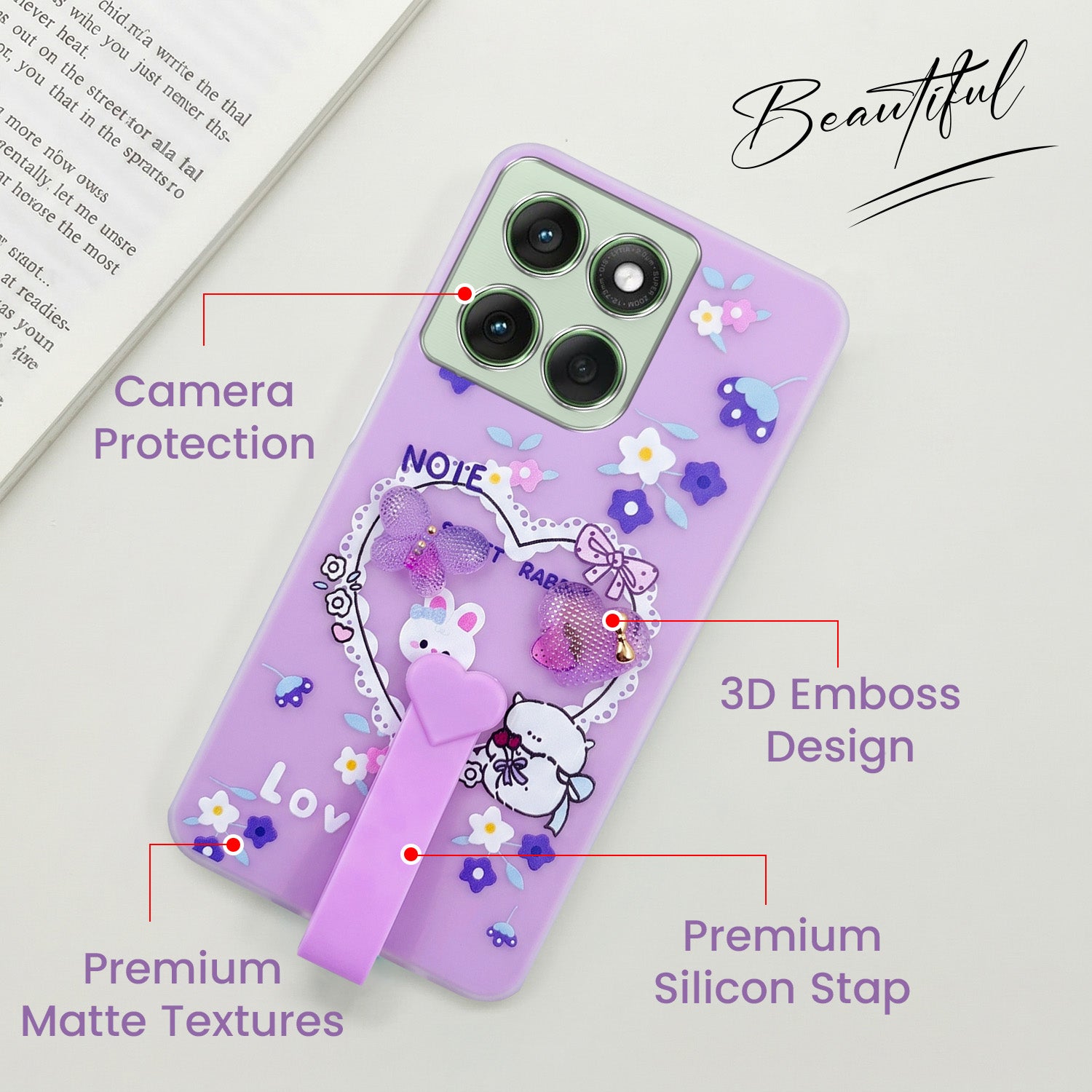 For Motorola Moto Edge 60 Back Cover Case (3D Cute Heart Strap Holder | Camera Protection | Designer Girls Print)