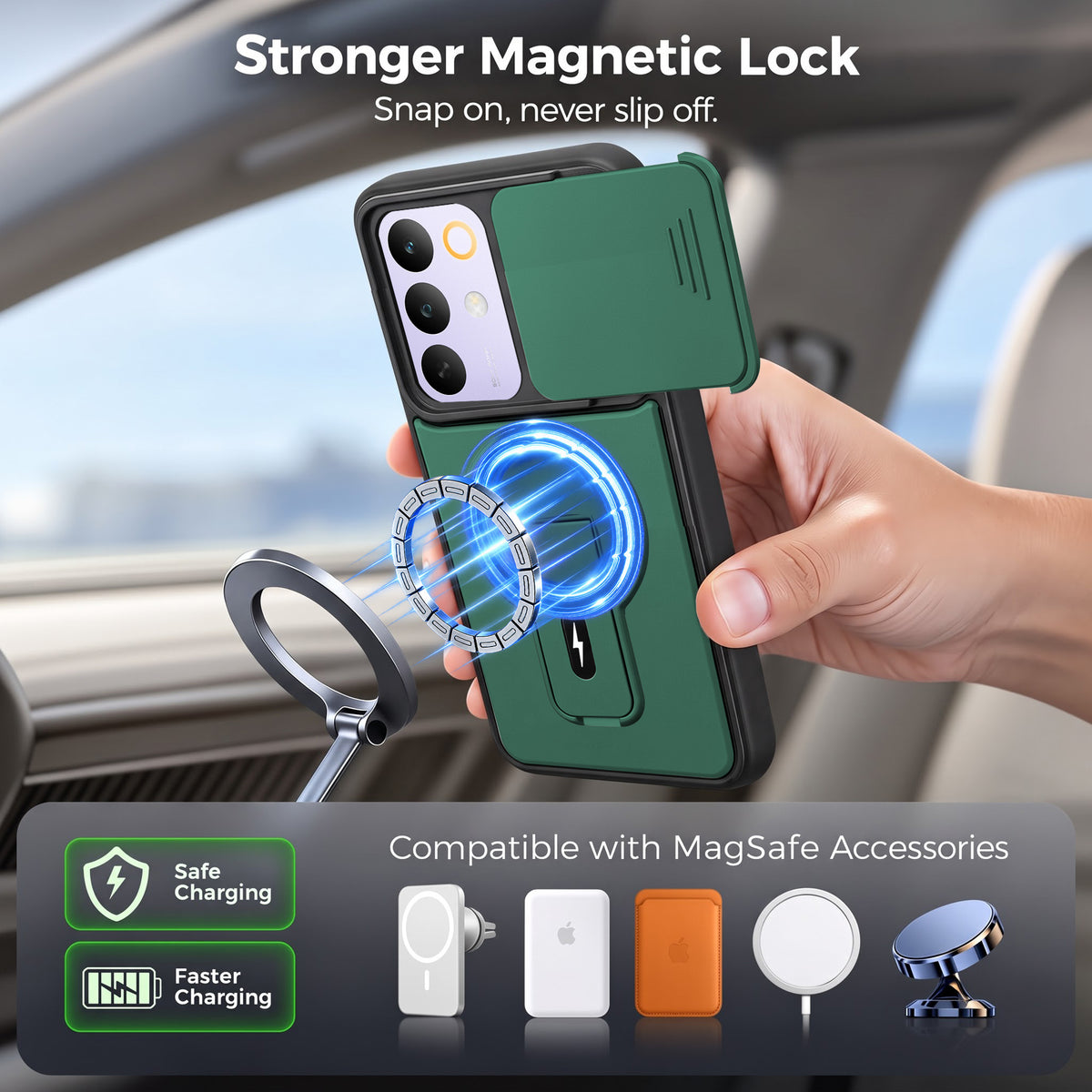 For Realme C85 5G | Realme Narzo 90x Back Case Cover Metallic (Hybrid Armor Kickstand | Sliding Shutter Camera Protection | MagSafe Compatible)