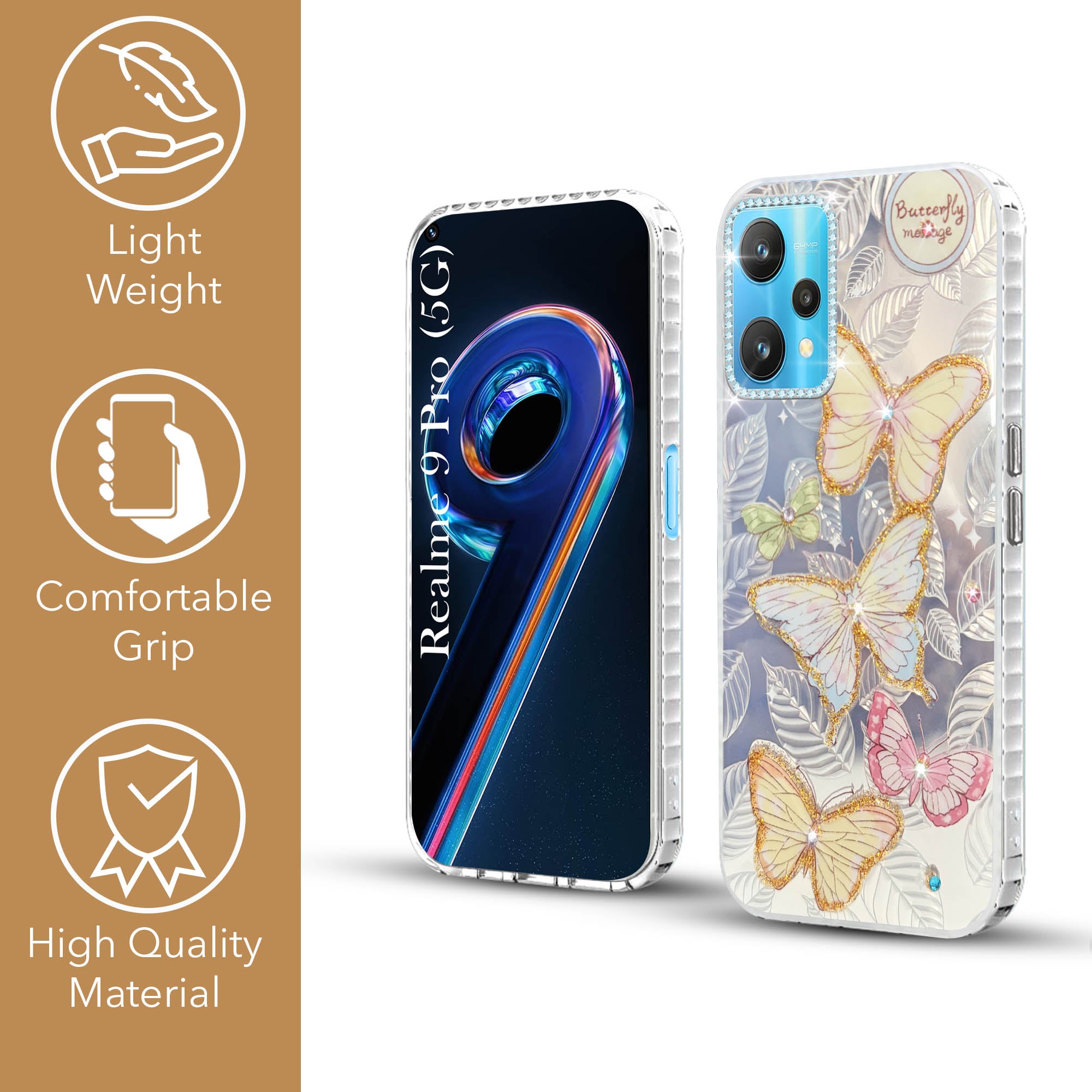 For Realme 9 Pro Back Cover Case (Luxury Floral Glitter Cute Butterfly | Diamond Studded Camera Bump | Girls & Women Design)