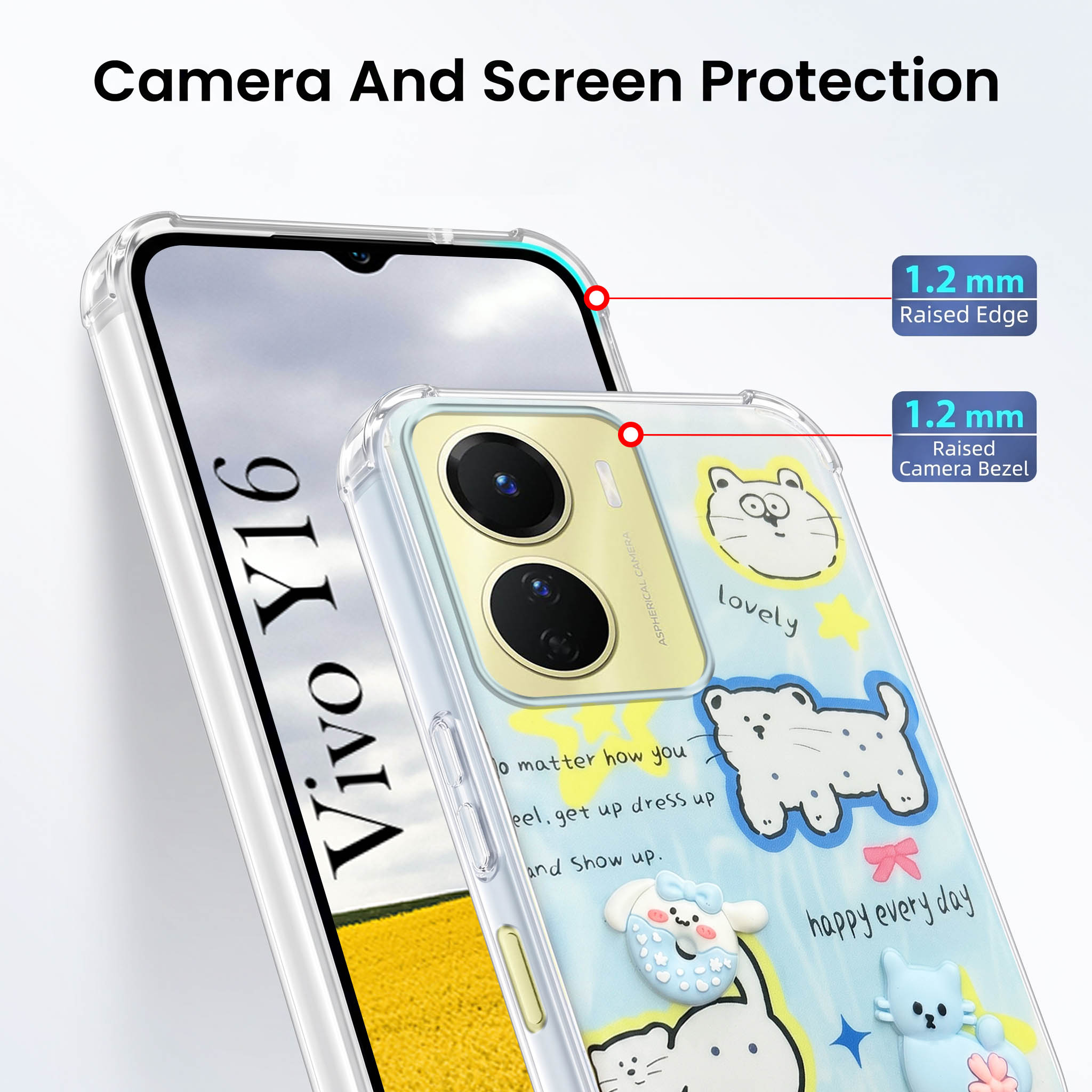 For Vivo Y16 Back Cover Case (3D Cute Cartoons | Hard Back Side Soft | Matte Premium Finish | HD Printing)