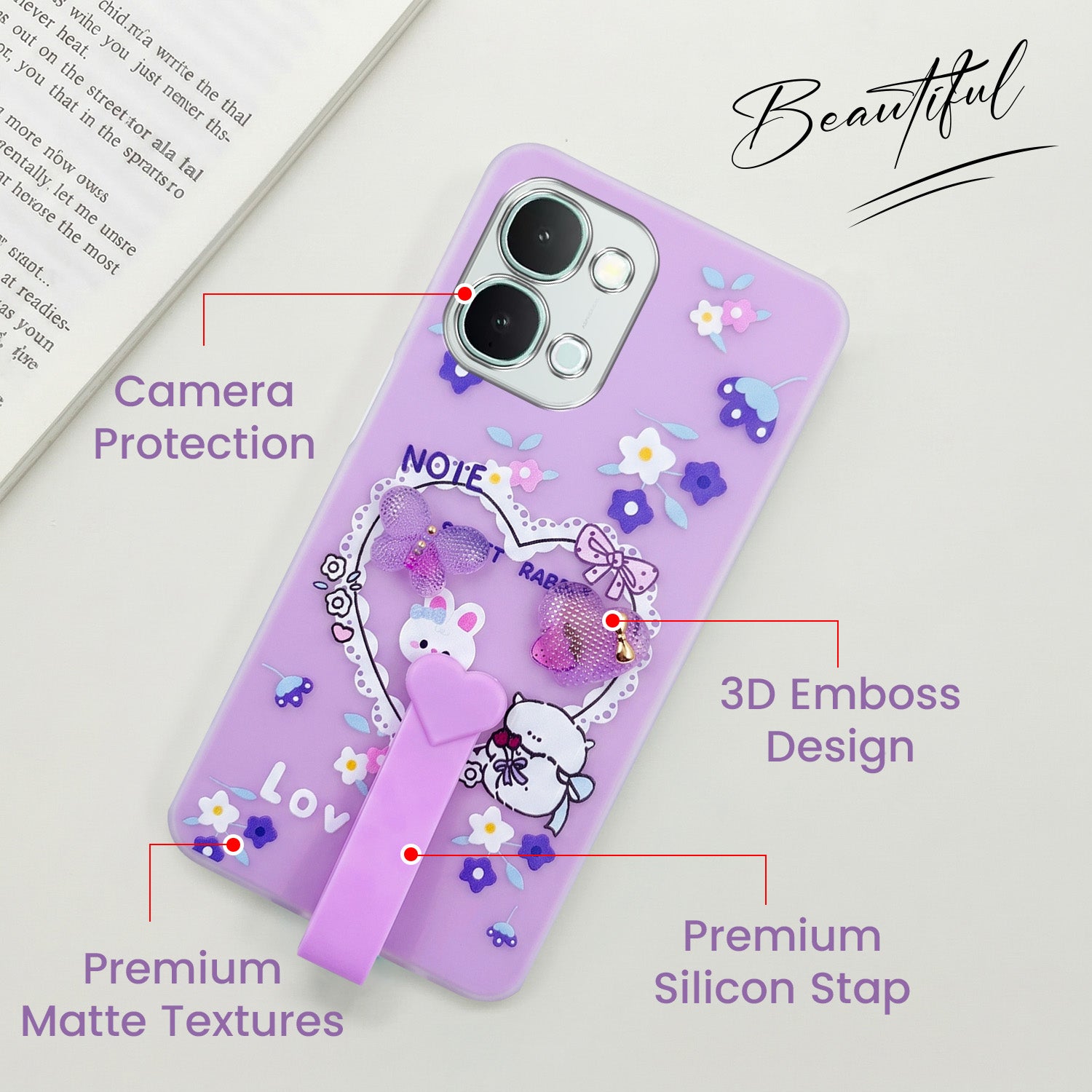 For iQOO Z11x 5G Back Cover Case (3D Cute Heart Strap Holder | Camera Protection | Designer Girls Print)
