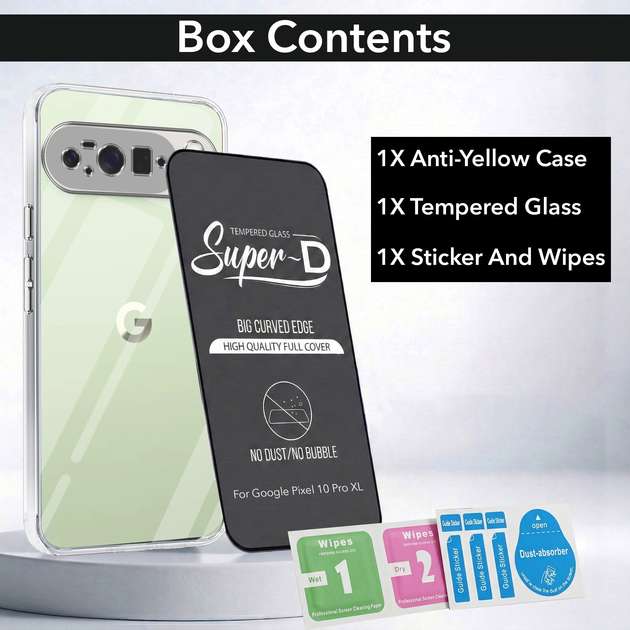 For Google Pixel 10 Pro XL Combo with Back Cover and 9H Tempered Glass (Lifetime Anti-Yellow | Sleek Hard Crystal | Oleophobic Coating Screen Glass)