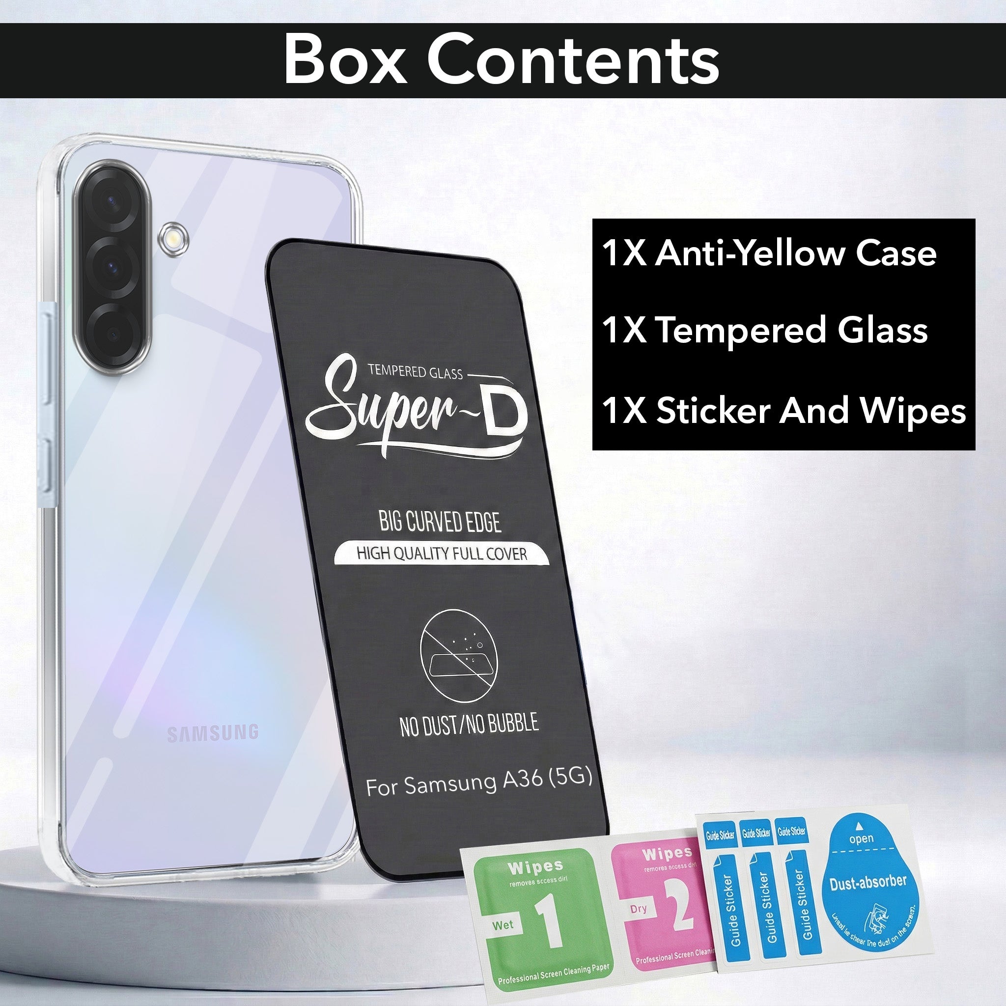For Samsung Galaxy A36 5G Combo with Back Cover and 9H Tempered Glass (Lifetime Anti-Yellow | Sleek Hard Crystal | Oleophobic Coating Screen Glass)