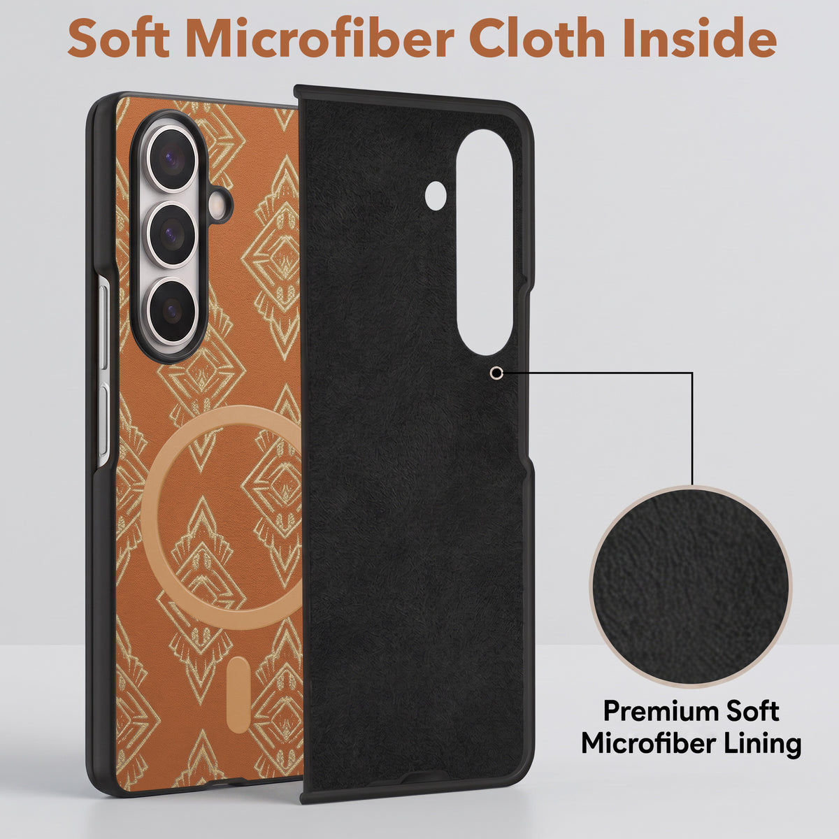 For Samsung Galaxy Z Fold 7 Back Cover Case Premium Magnetic (MagSafe Compatible | 180° Folding Design | Geometric Gold Pattern | Soft Microfiber Inner Lining)