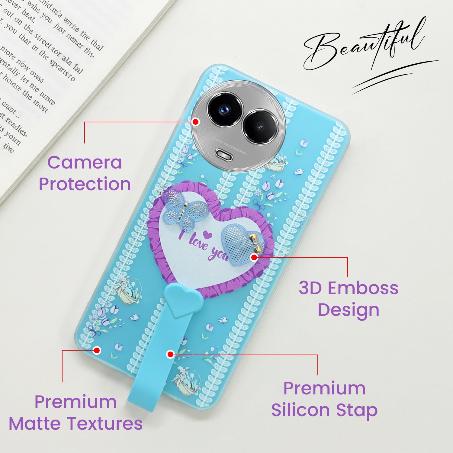 For Realme Narzo 60x Back Cover Case (3D Cute Heart Strap Holder | Camera Protection | Designer Girls Print)
