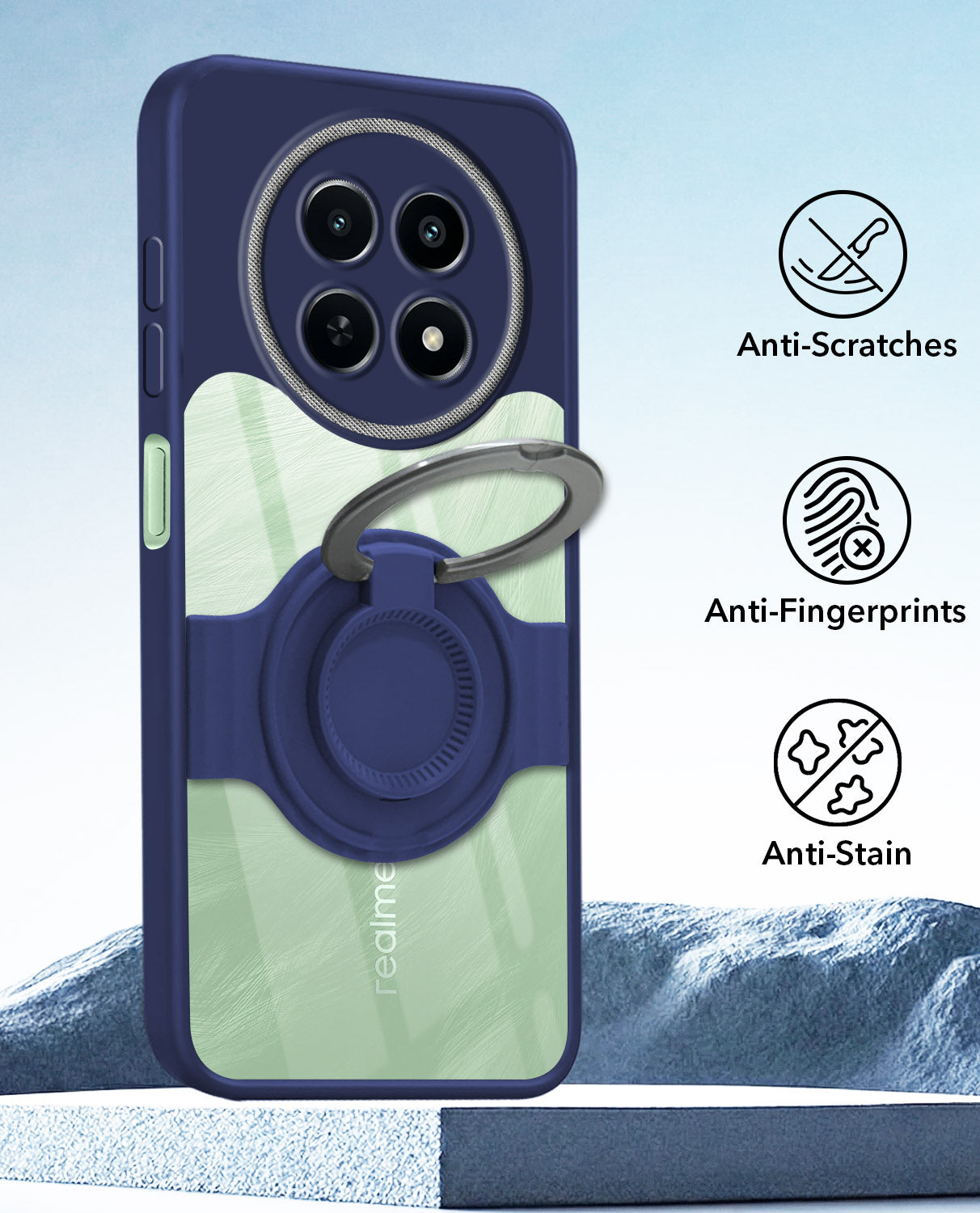 For Realme C65 5G Back Cover Case with stand (Built-in Ring Holder Kickstand | Lifetime Anti Yellow | Camera Protection)