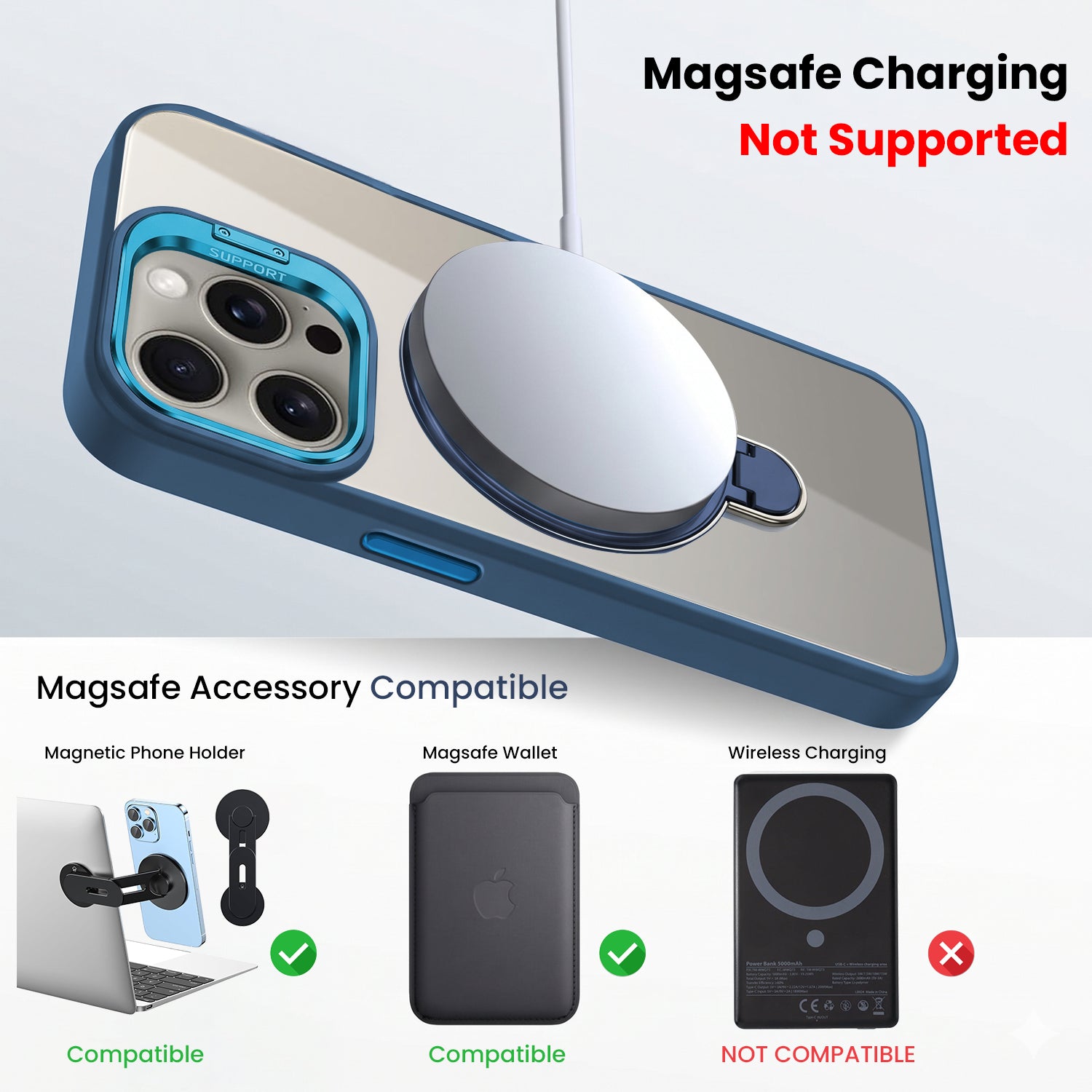 For Apple iPhone 15 Pro Max Back Cover Case Crystal (Lifetime Anti Yellow | Magnetic Ring Stand | Camera Lens Protection | MagSafe Compatible)