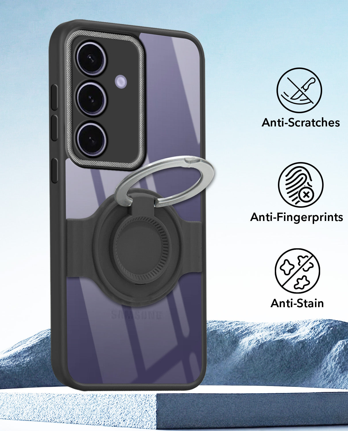 For Samsung Galaxy S24 Back Cover Case with stand (Built-in Ring Holder Kickstand | Lifetime Anti Yellow | Camera Protection)