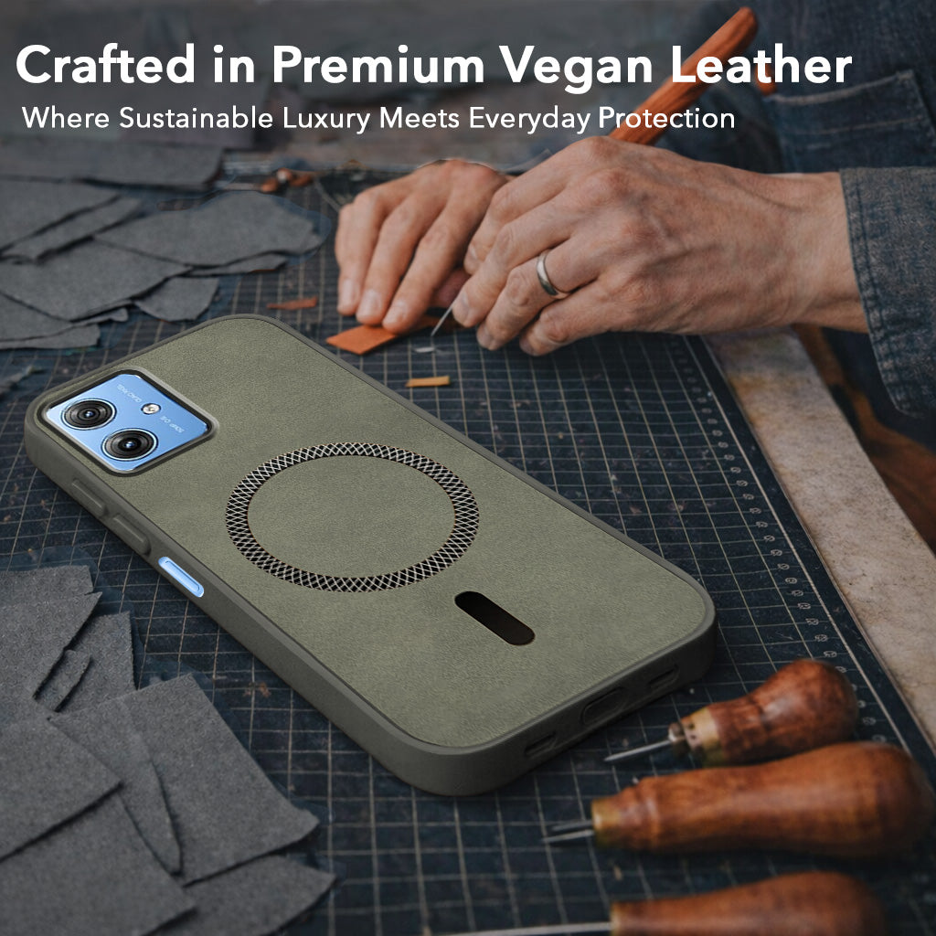 For Motorola Moto G64 5G Back Cover Case Leather Finish (MagSafe Compatible Wireless Charging | Soft Touch | Camera Bump Protection)