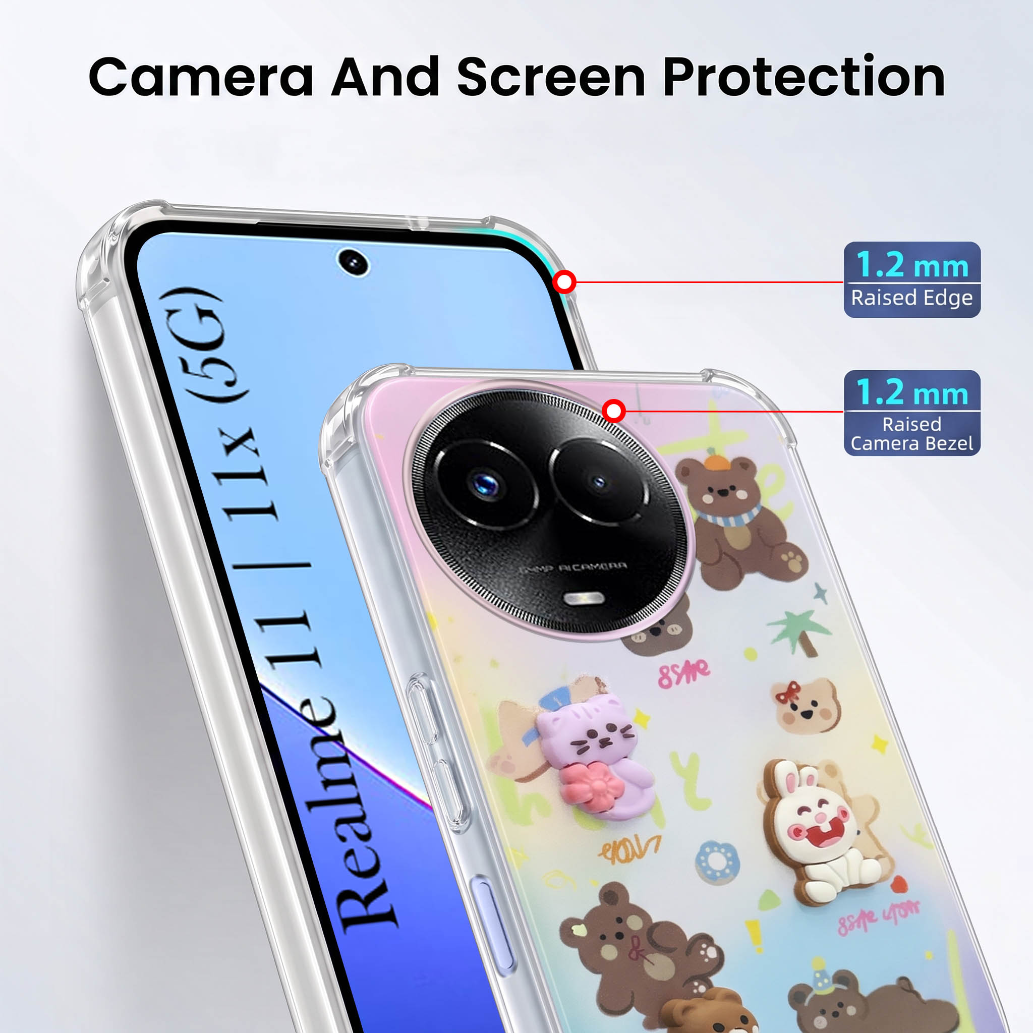 For Realme 11 5G | Realme 11x 5G Back Cover Case (3D Cute Cartoons | Hard Back Side Soft | Matte Premium Finish | HD Printing)