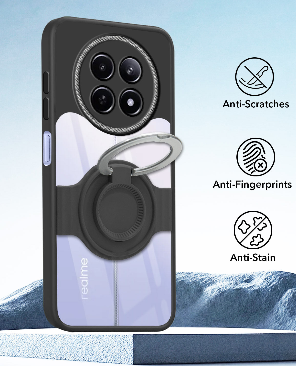 For Realme 12 | Realme 12X Back Cover Case with stand (Built-in Ring Holder Kickstand | Lifetime Anti Yellow | Camera Protection)
