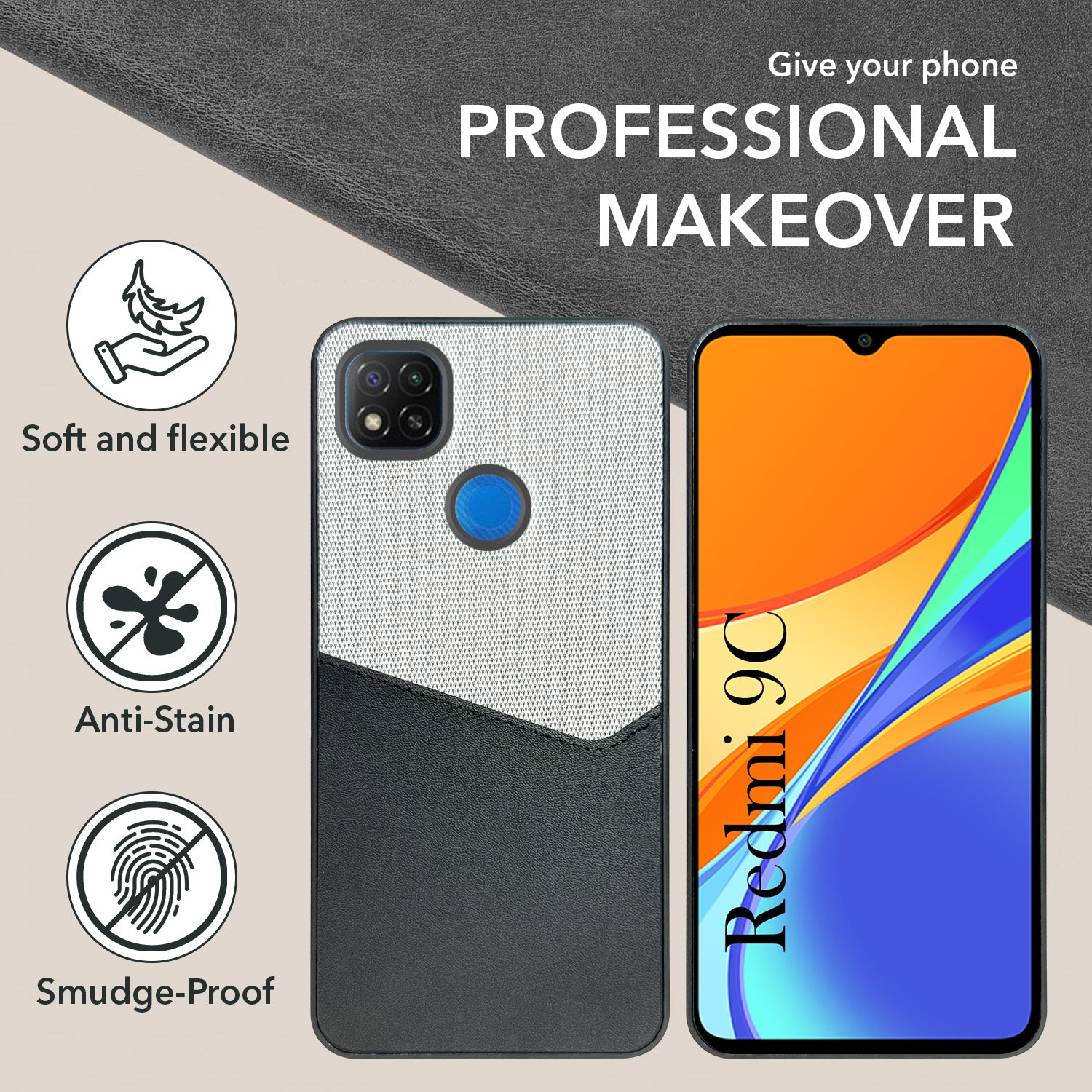 For Redmi 9C Back Cover Case (Dual PU Leather Stitch | Professional Minimalist | Soft and Flexible)
