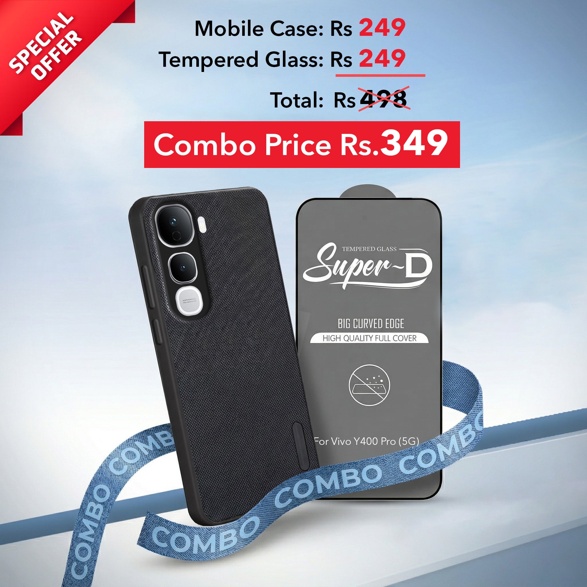For Vivo Y400 Pro Combo with Back Cover and 9H Tempered Glass (Textured Grip Design | Micro-Fiber Cloth Inside | Oleophobic Coating Screen Glass)