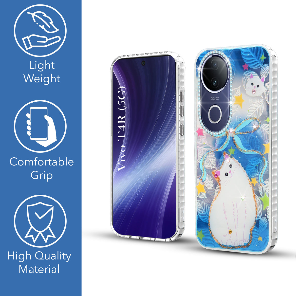 For Vivo T4R Back Cover Case (Luxury Floral Glitter Cute Butterfly | Diamond Studded Camera Bump | Girls & Women Design)