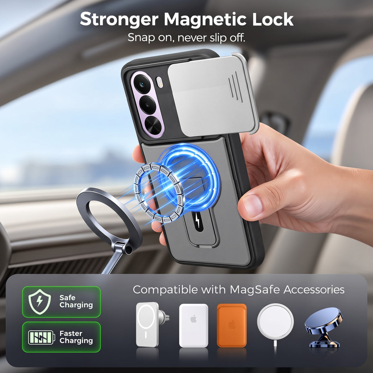 For Realme P4x Back Case Cover Metallic (Hybrid Armor Kickstand | Sliding Shutter Camera Protection | MagSafe Compatible)