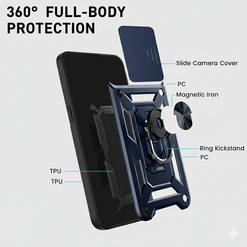 For Vivo Y31T 5G Back Cover Case Hybrid Armor (Sliding Shutter Camera Protection | Polycarbonate |Ring Holder Kickstand)