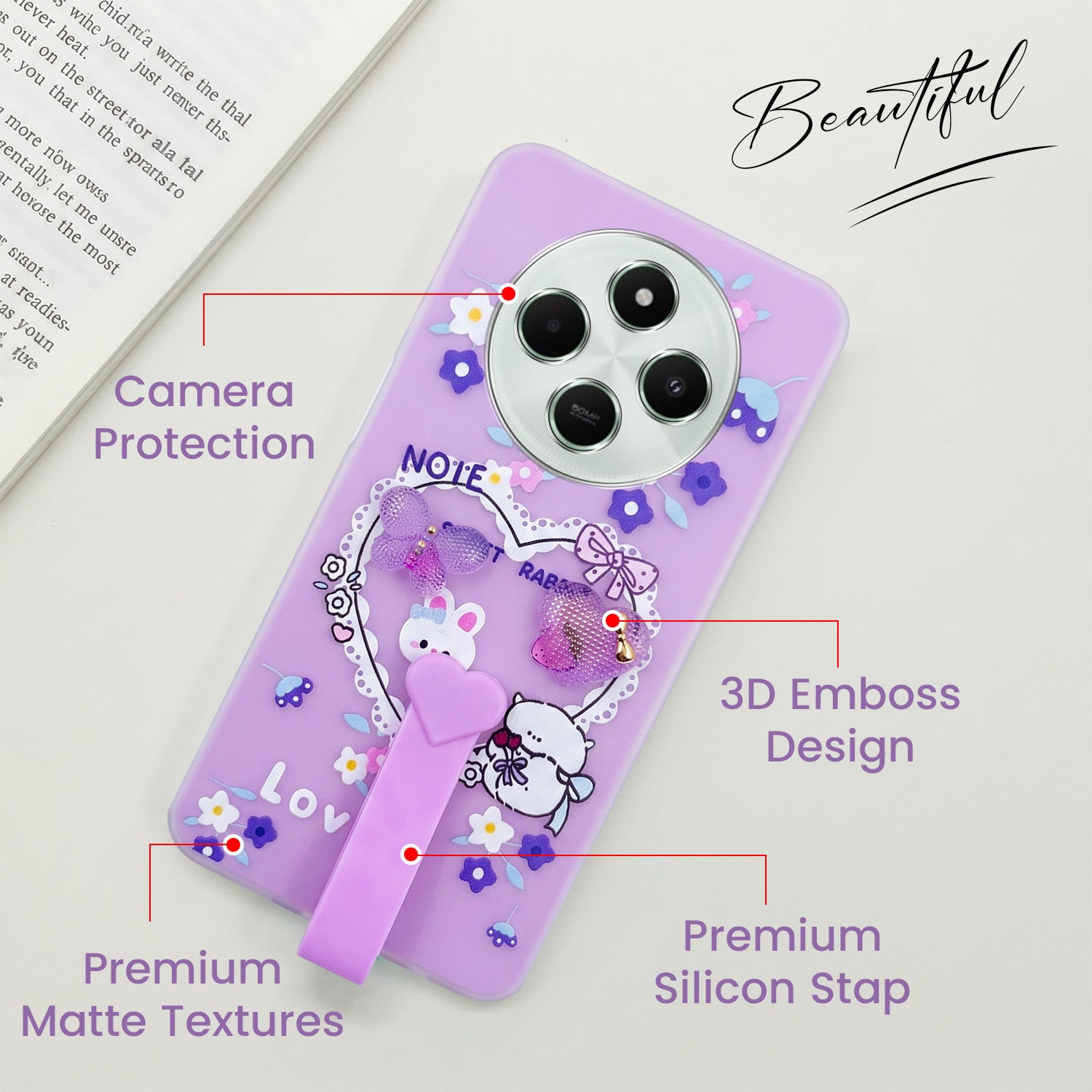 For Poco C75 | Poco M7 Back Cover Case (3D Cute Heart Strap Holder | Camera Protection | Designer Girls Print)
