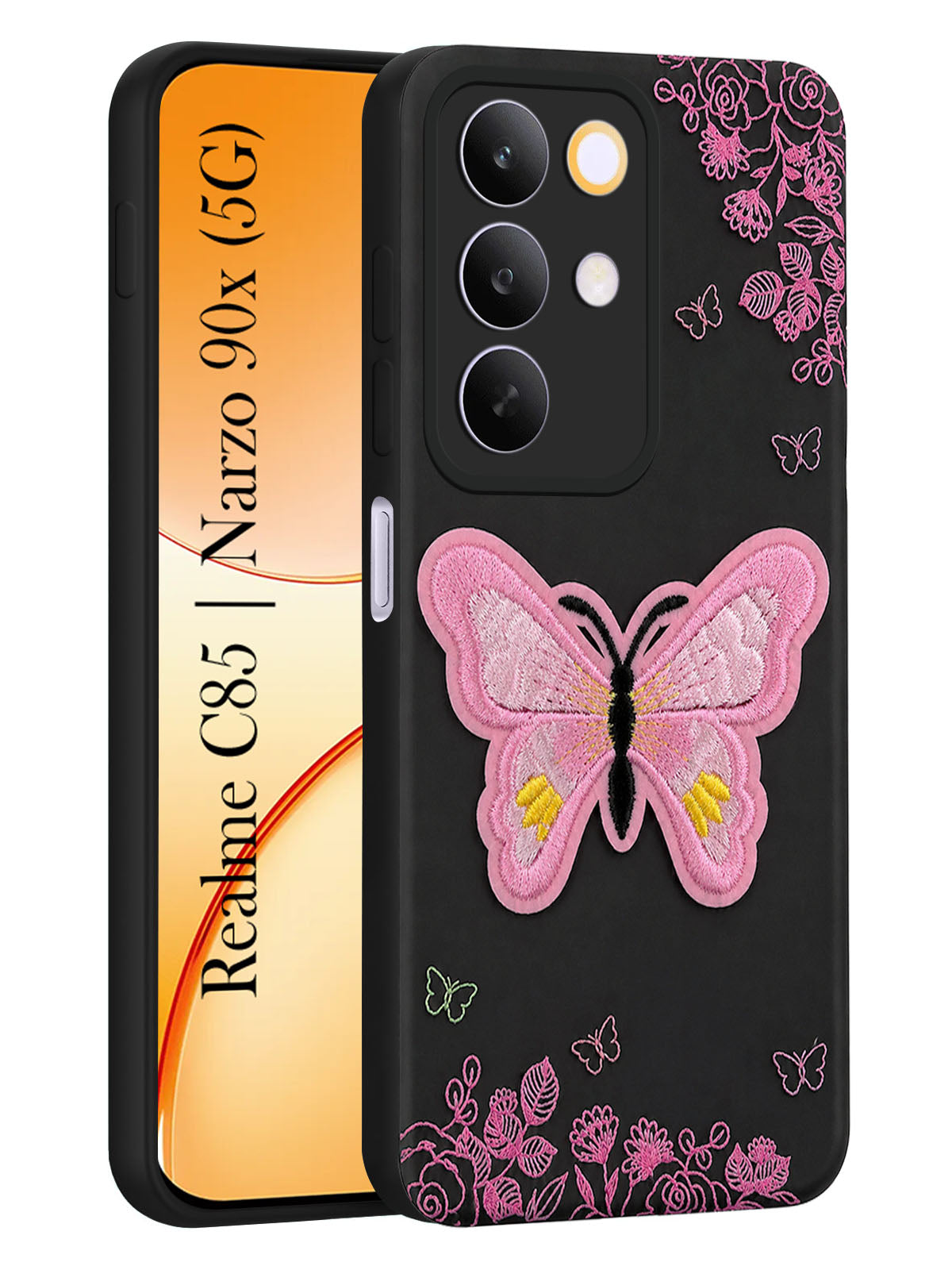 For Realme C85 5G | Realme Narzo 90x Back Cover Case (Soft Butterfly Embroidery | Women Teen Girls | Camera Protection| Matte Silicone)