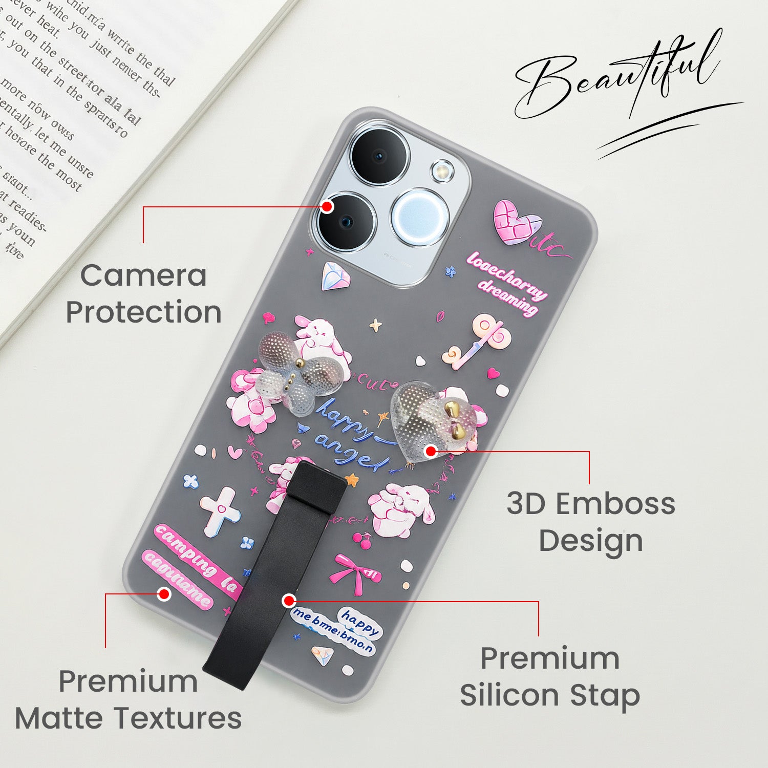 For Realme C71 Back Cover Case (3D Cute Heart Strap Holder | Camera Protection | Designer Girls Print)