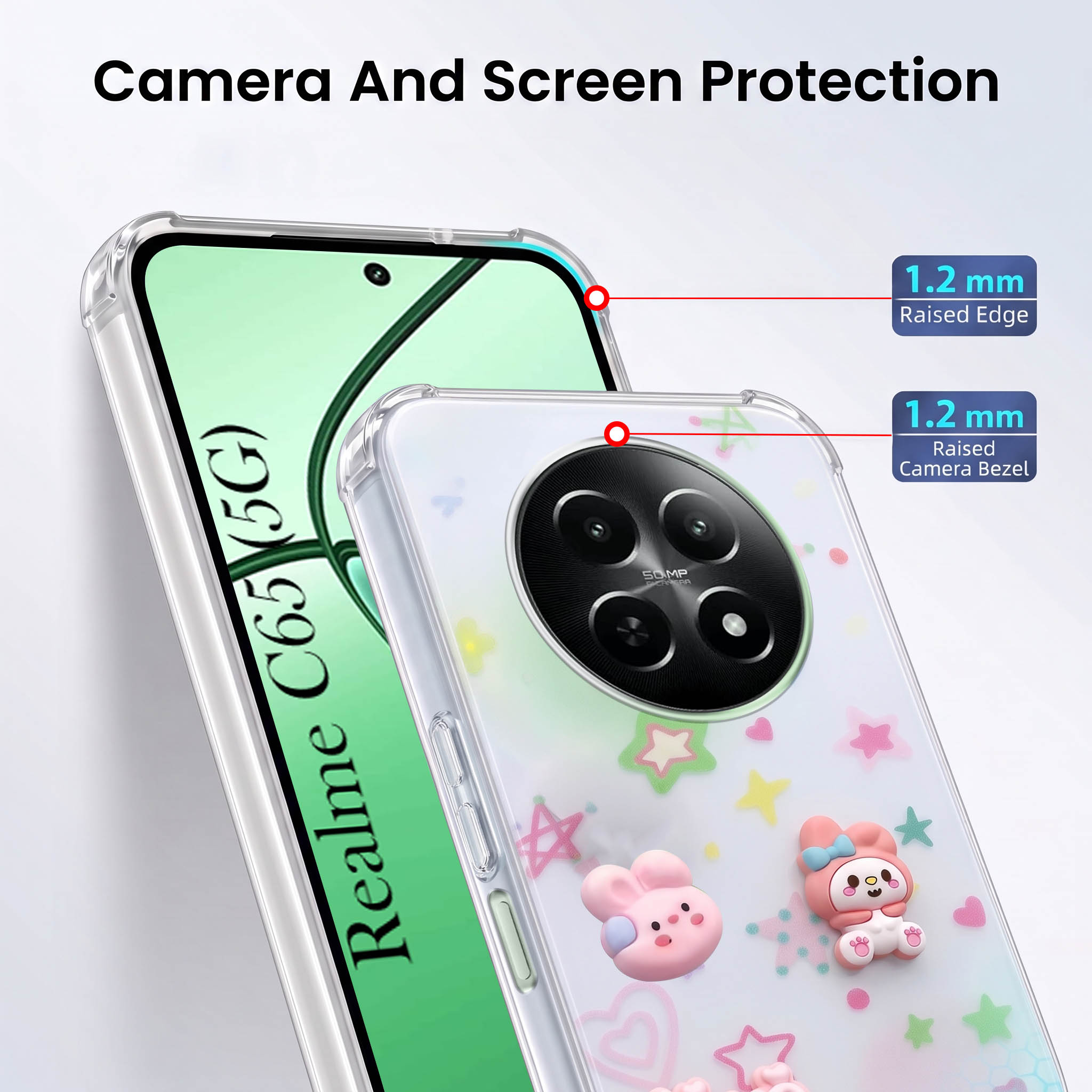 For Realme C65 5G Back Cover Case (3D Cute Cartoons | Hard Back Side Soft | Matte Premium Finish | HD Printing)