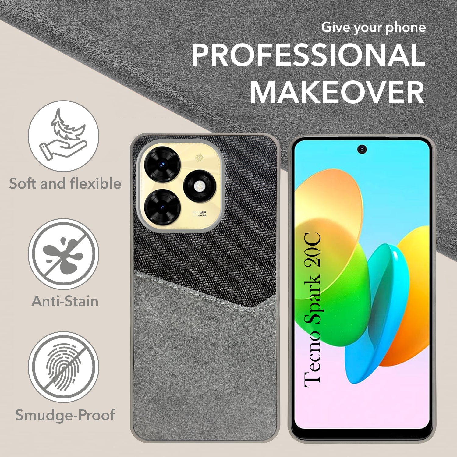 For Tecno Spark 20C Back Cover Case (Dual PU Leather Stitch | Professional Minimalist | Soft and Flexible)