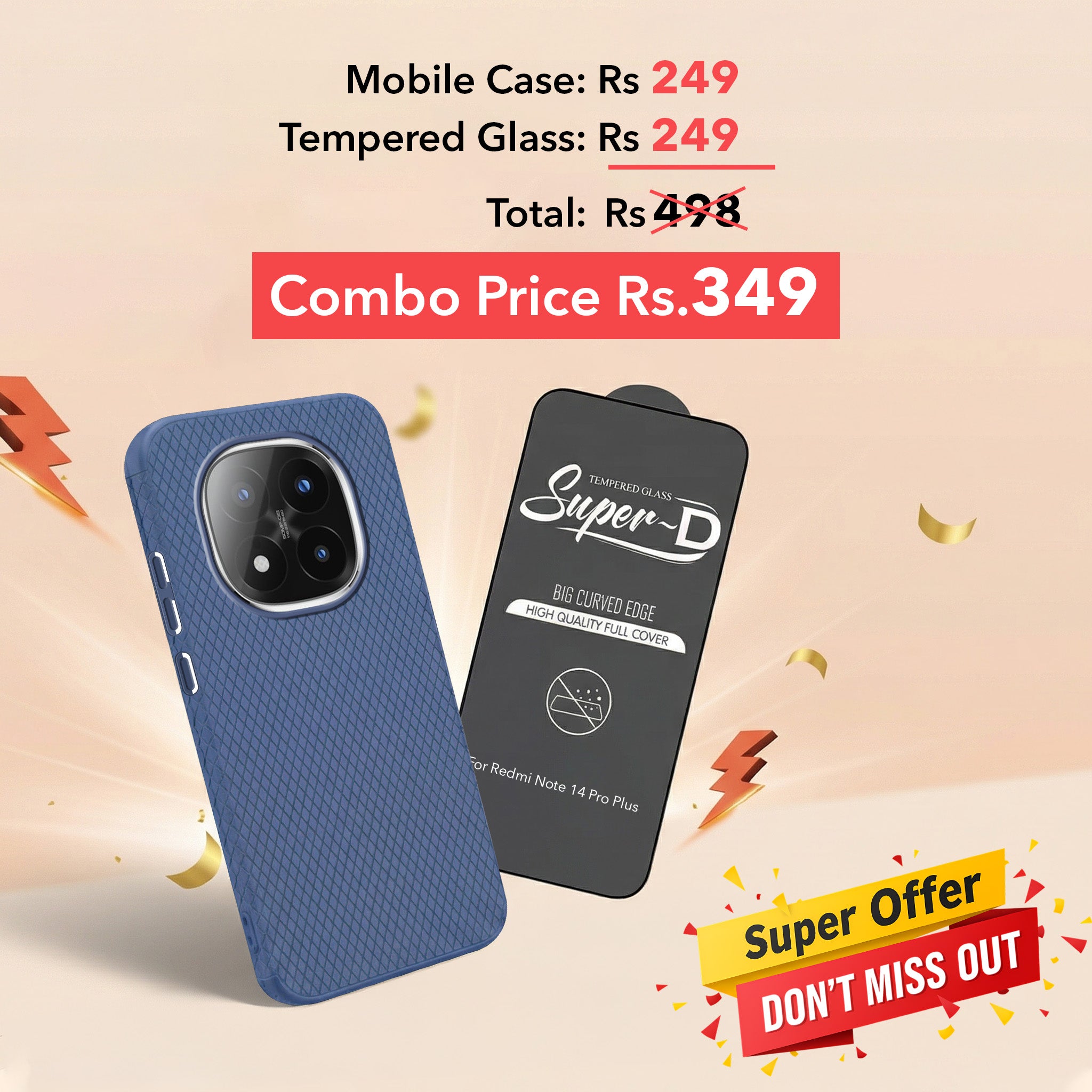 For Redmi Note 14 Pro Plus Combo with Back Cover and 9H Tempered Glass (Liquid Silicone | Camera Protection | Oleophobic Coating Screen Glass)