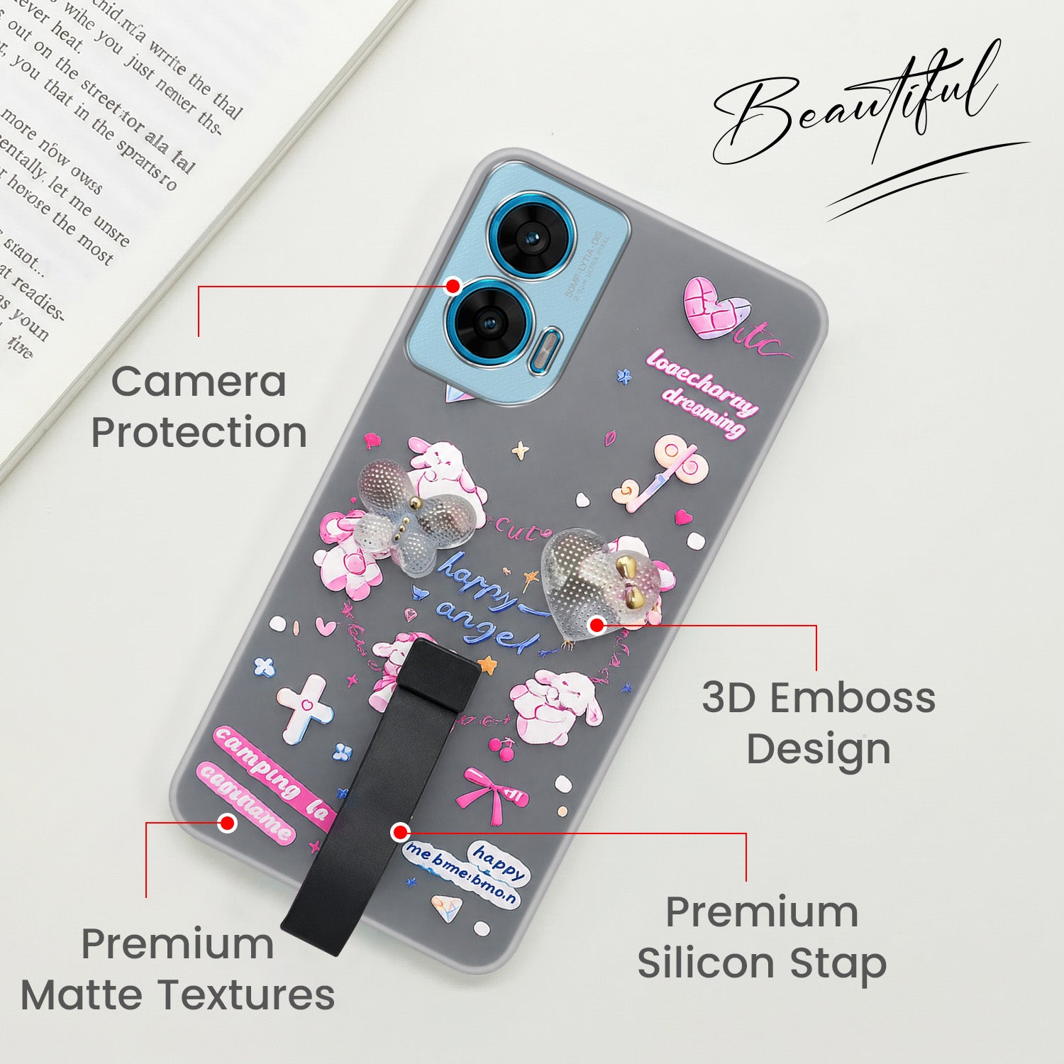 For Motorola Moto G96 Back Cover Case (3D Cute Heart Strap Holder | Camera Protection | Designer Girls Print)