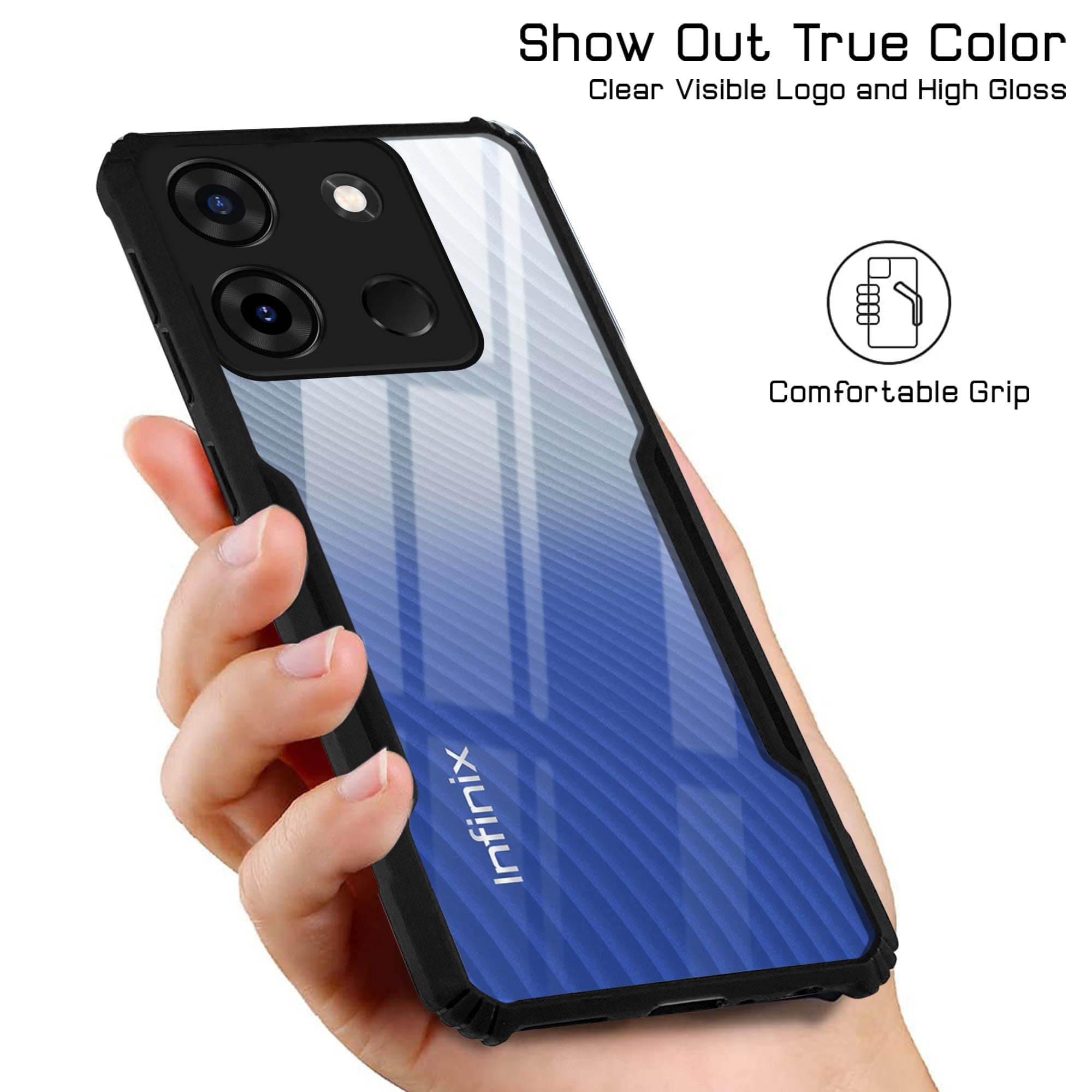 For Infinix Smart 7 Back Cover Case ( Shockproof with Polycarbonate Clear Panel | Professional Black)