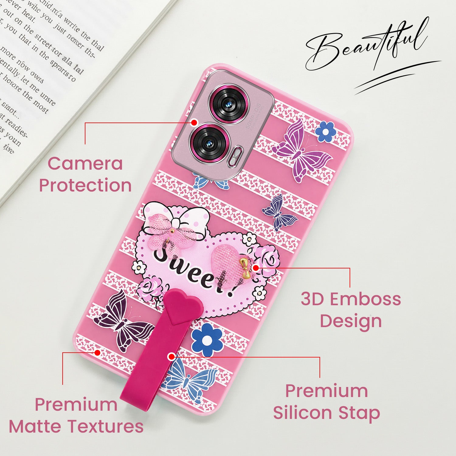 For Motorola Moto Edge 50 Fusion Back Cover Case (3D Cute Heart Strap Holder | Camera Protection | Designer Girls Print)