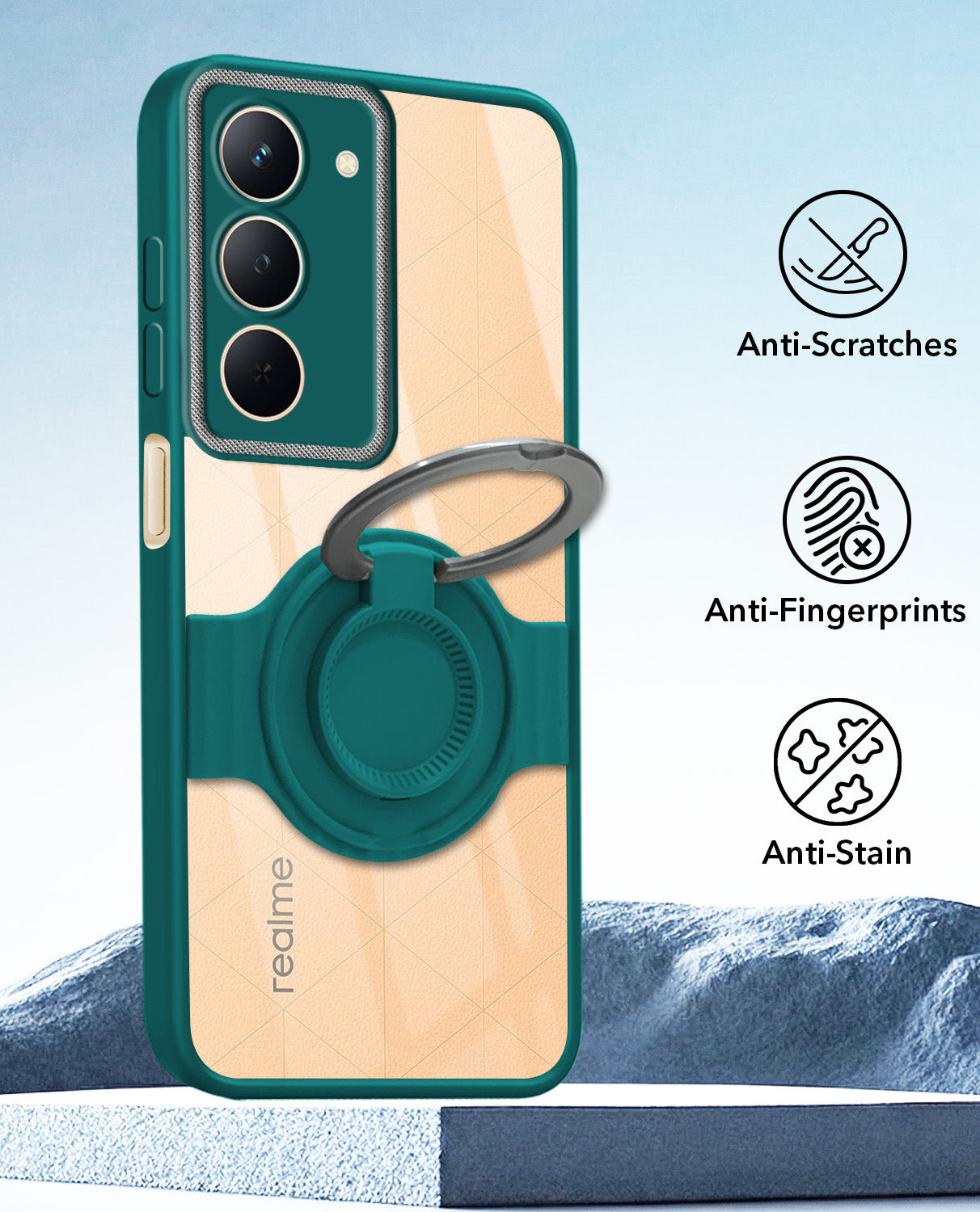 For Realme P3x Back Cover Case with stand (Built-in Ring Holder Kickstand | Lifetime Anti Yellow | Camera Protection)