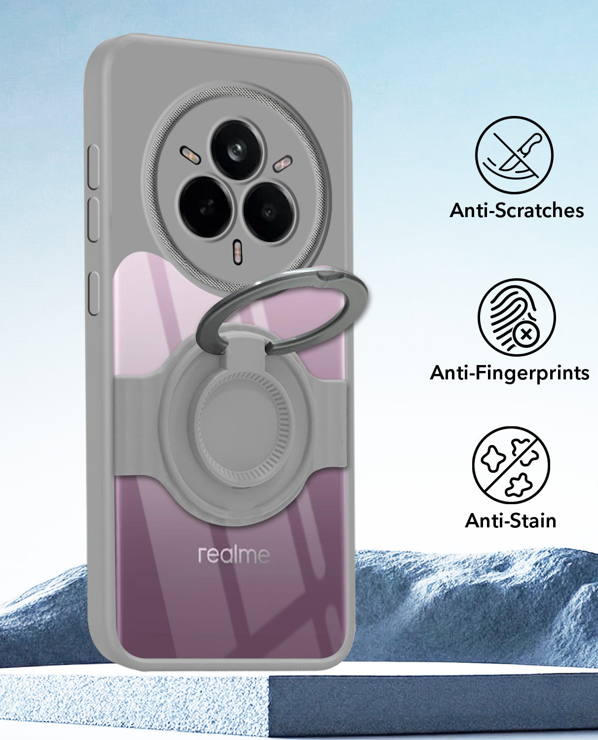 For Realme 14 Pro Back Cover Case with stand (Built-in Ring Holder Kickstand | Lifetime Anti Yellow | Camera Protection)
