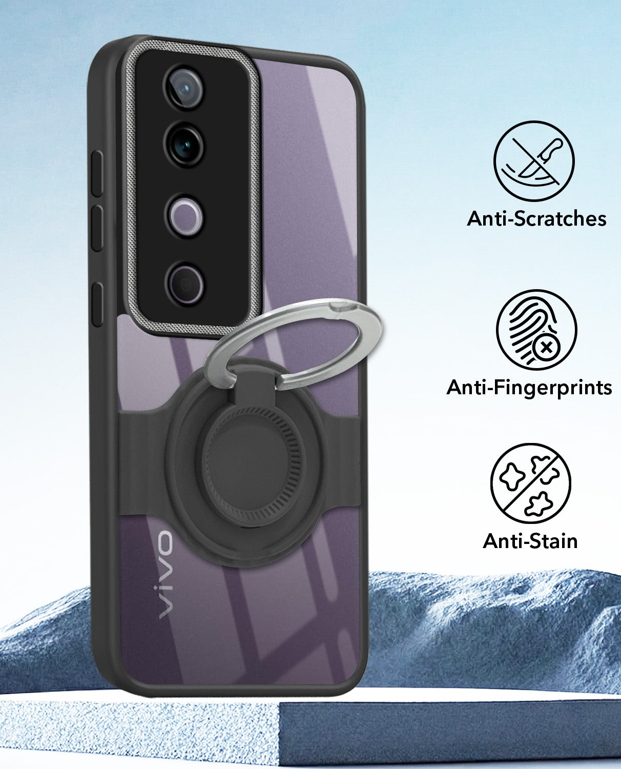 For Vivo V40 | Vivo V40 Pro 5G Back Cover Case with stand (Built-in Ring Holder Kickstand | Lifetime Anti Yellow | Camera Protection)