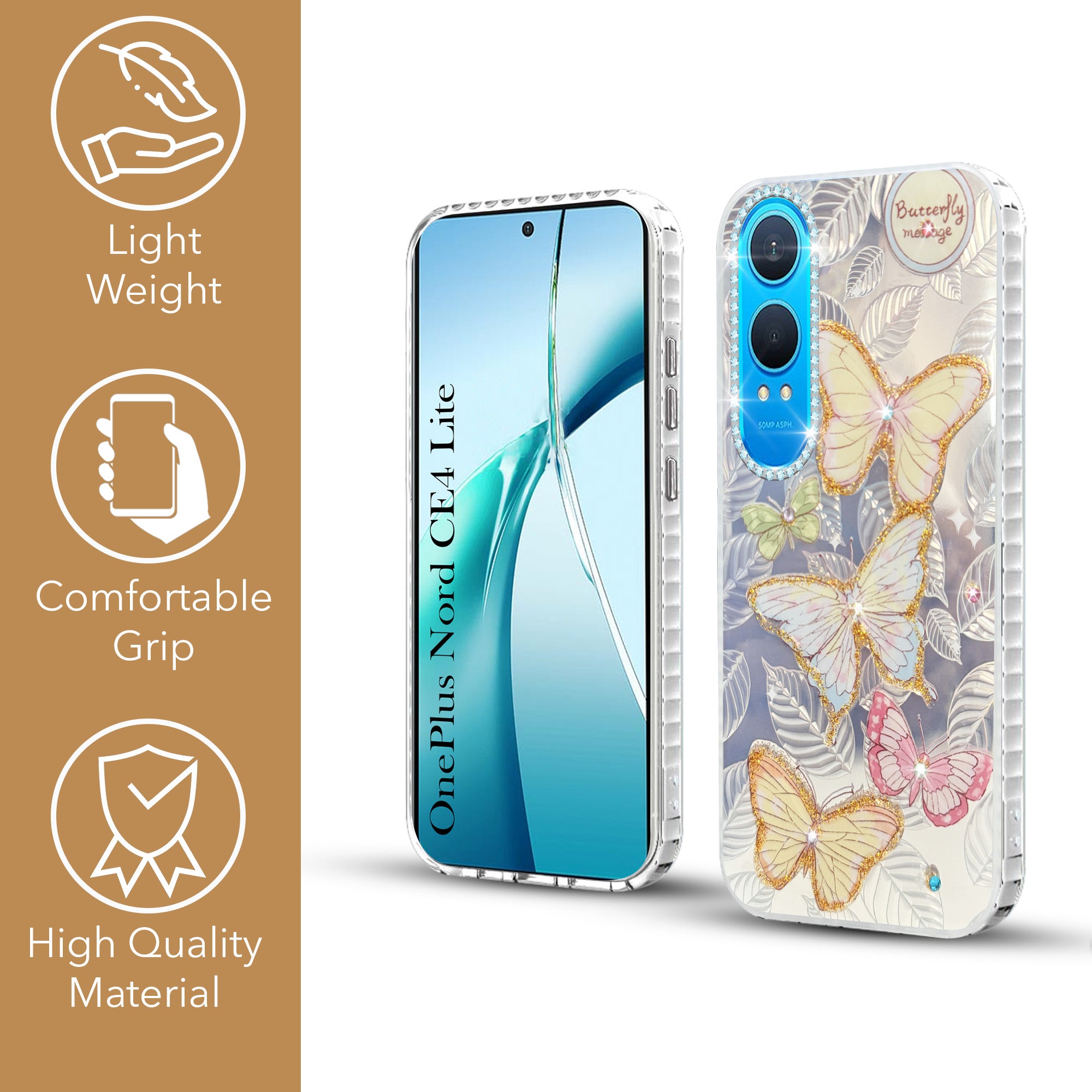 For OnePlus Nord CE 4 Lite Back Cover Case (Luxury Floral Glitter Cute Butterfly | Diamond Studded Camera Bump | Girls & Women Design)